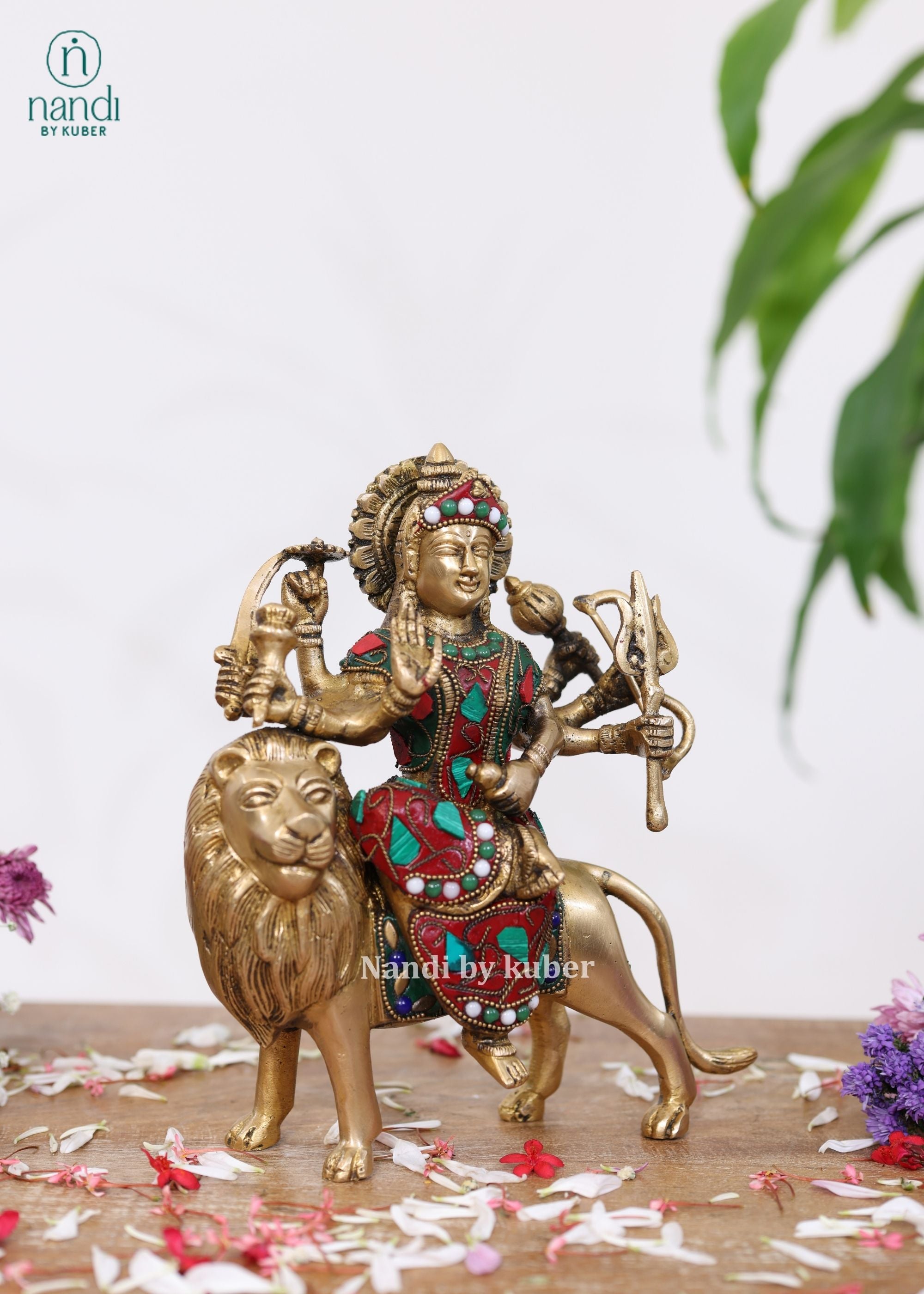 Brass Durga on Lion - detail view