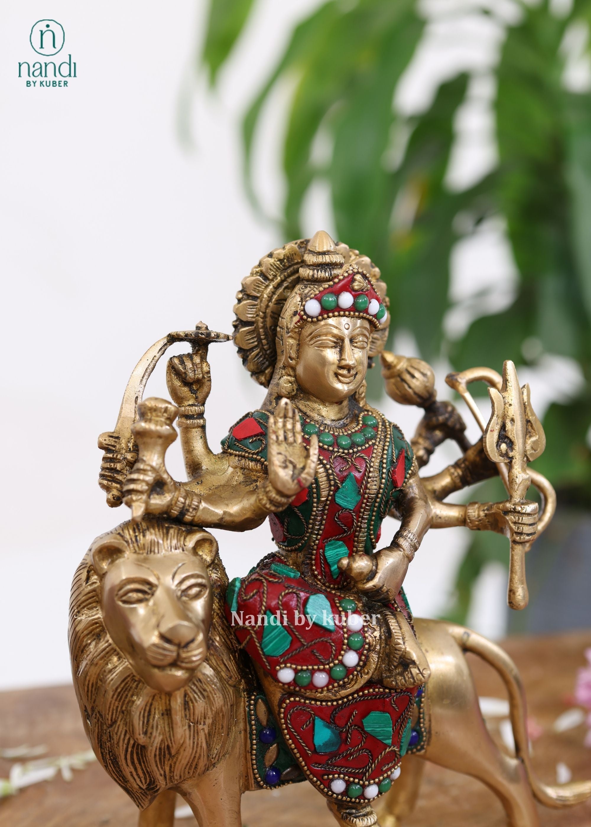 Brass Durga on Lion - lifestyle view