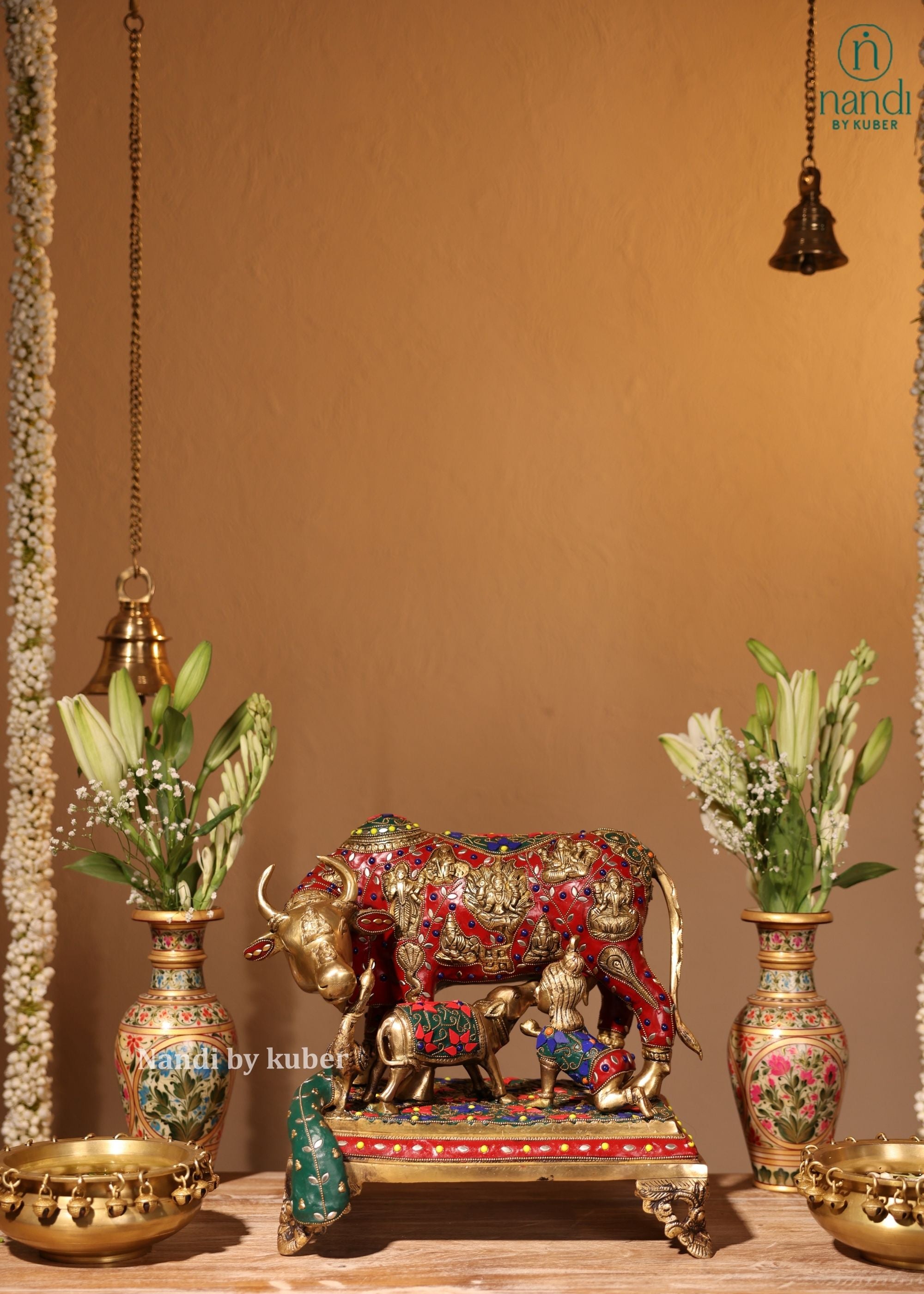 Brass Cow And Calf Kamdhenu - front view