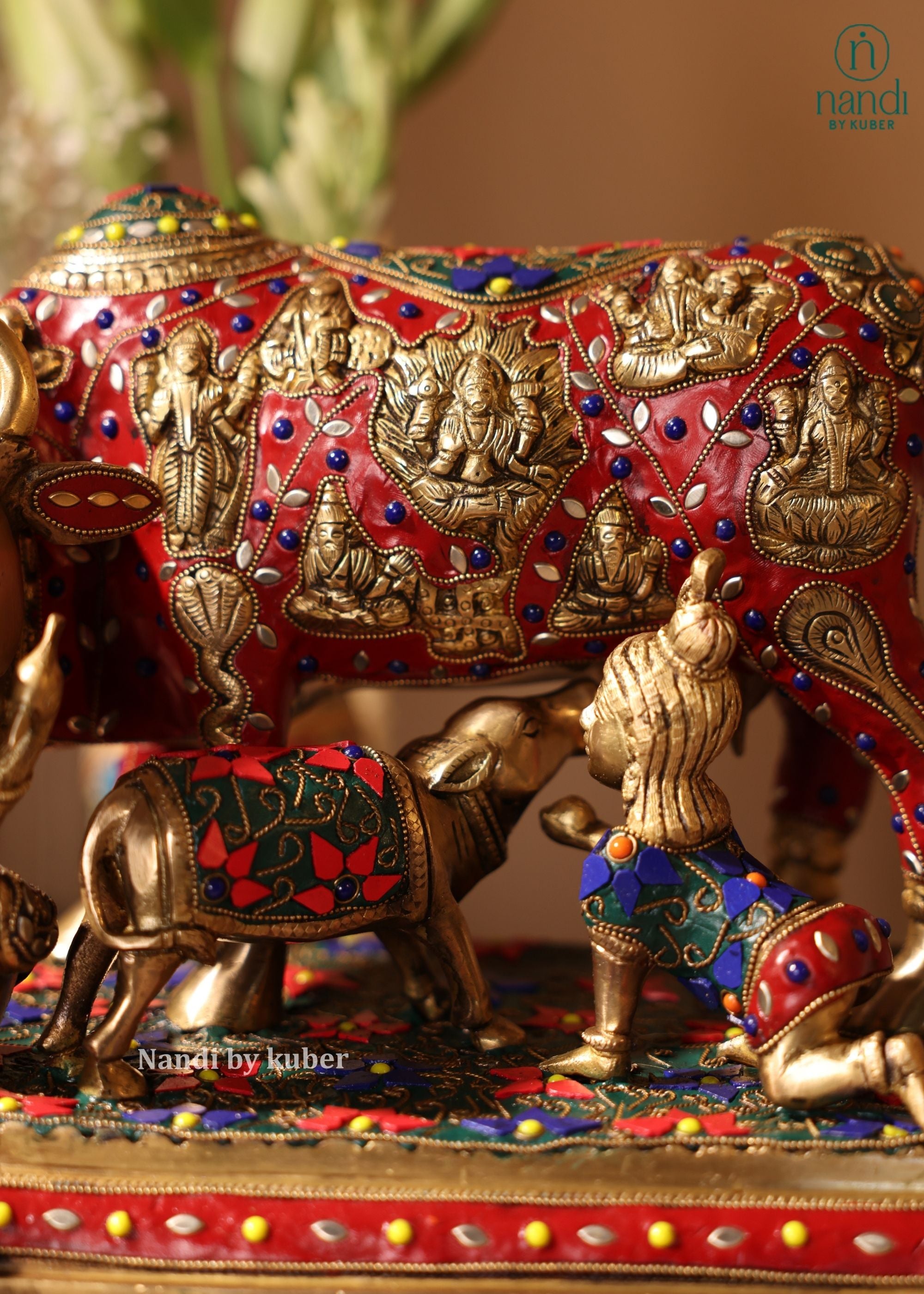 Brass Cow And Calf Kamdhenu - side view