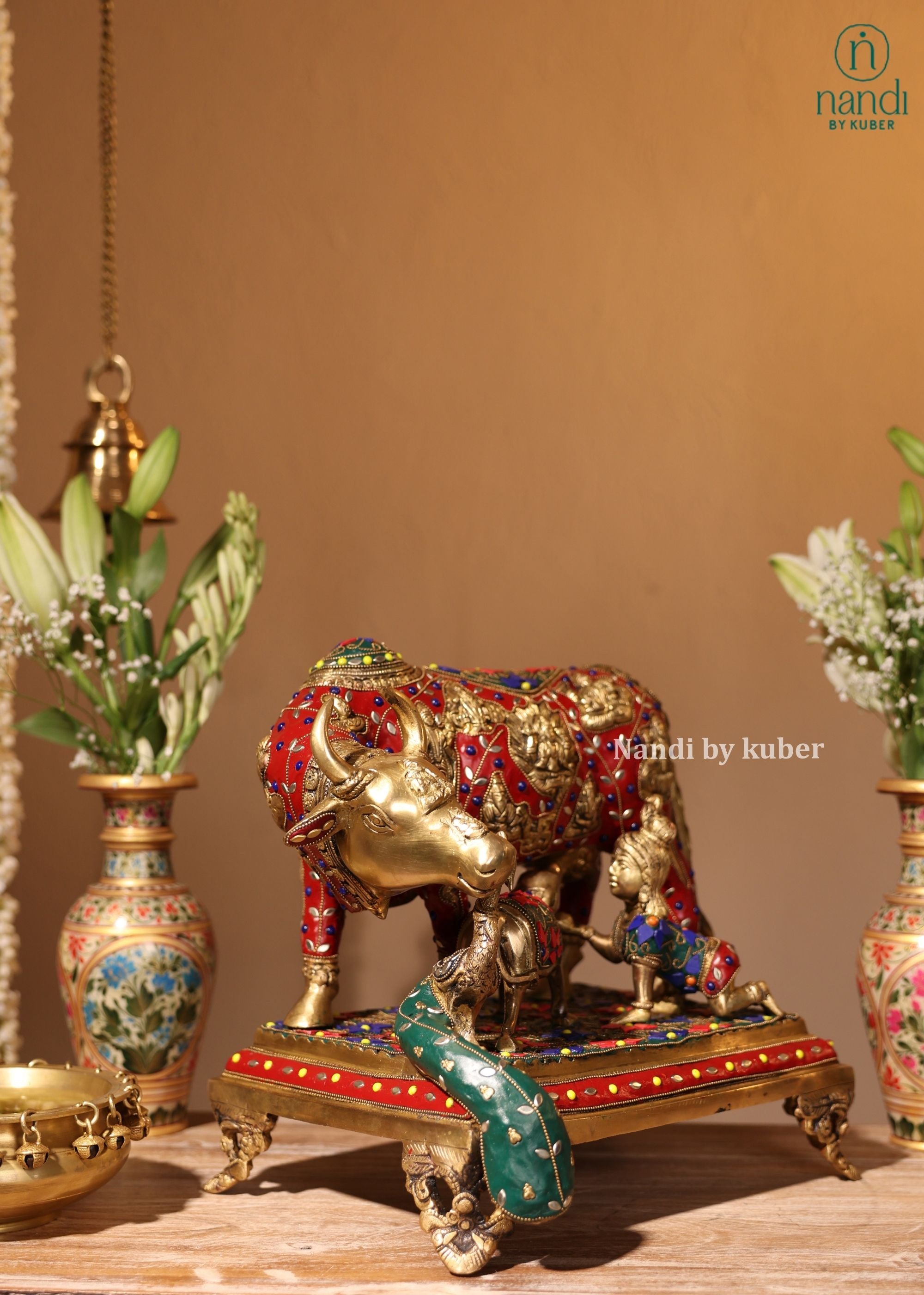 Brass Cow And Calf Kamdhenu - detail view