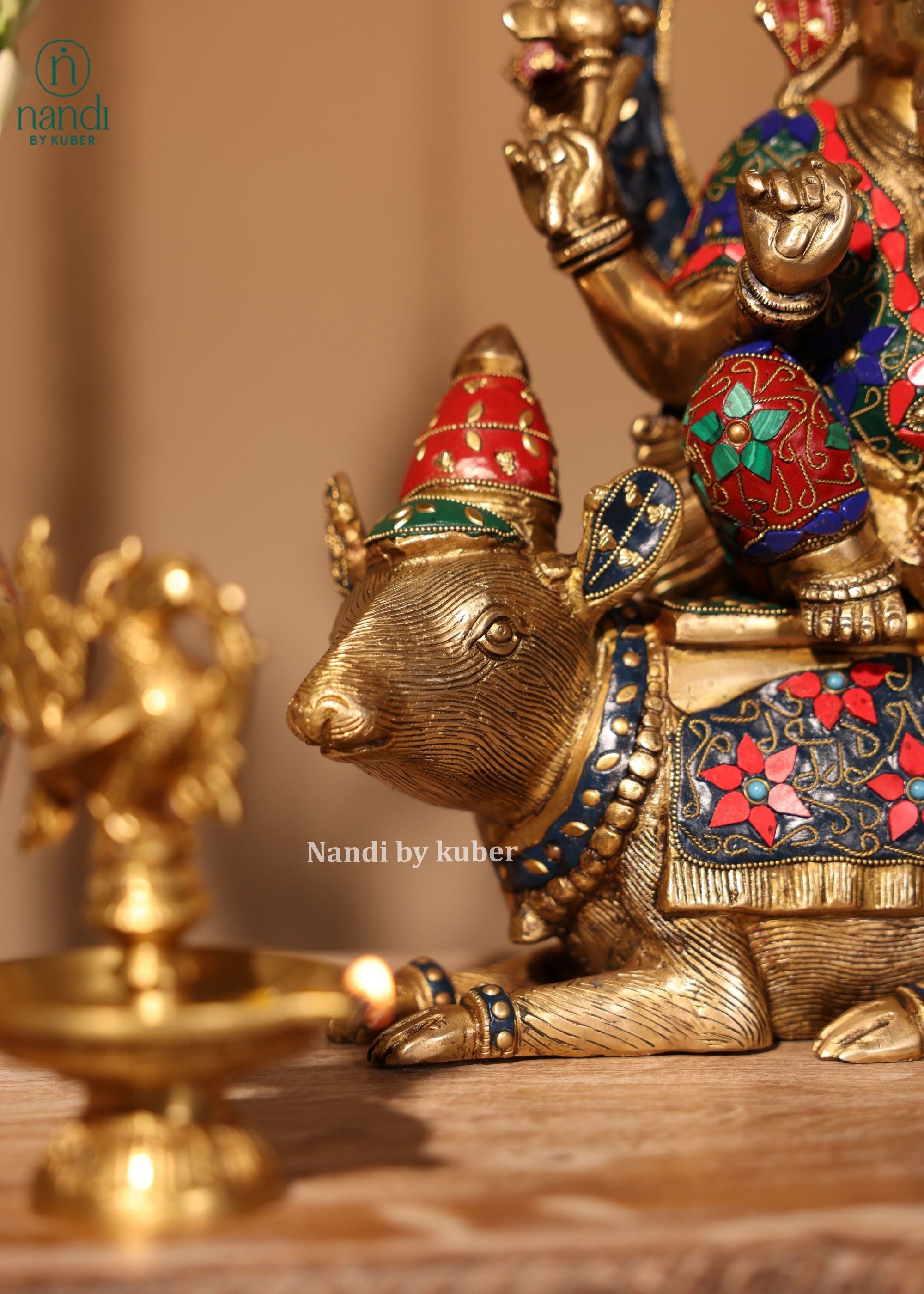 Brass Ganesha Sitting On Rat - detail view