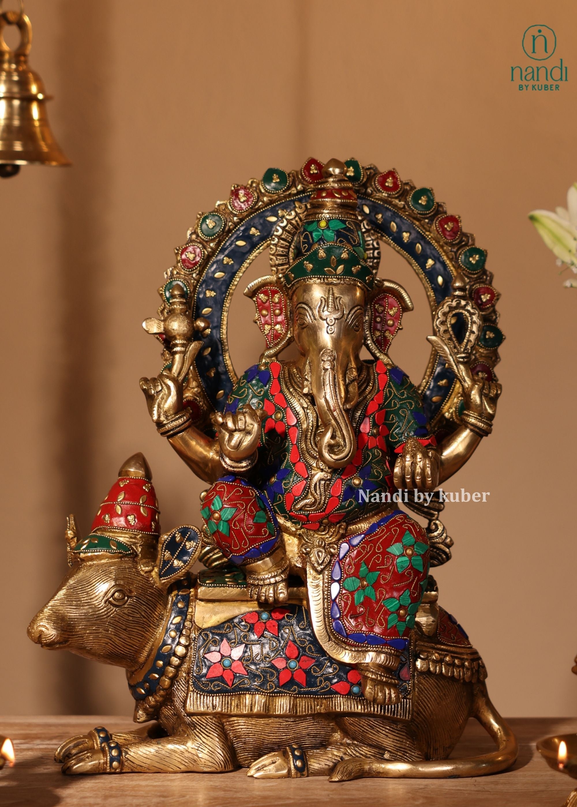 Brass Ganesha Sitting On Rat - lifestyle view