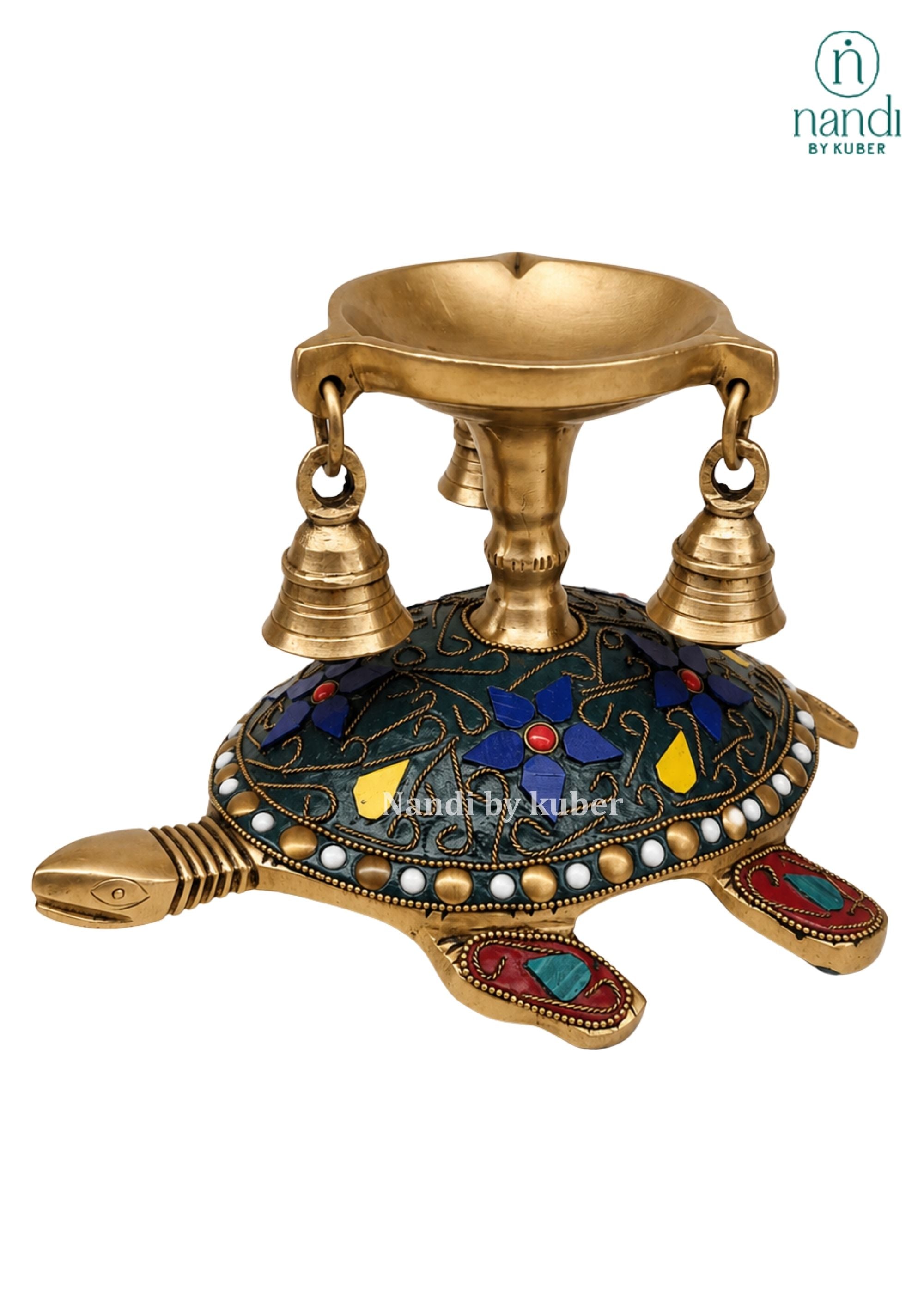 Brass Tortoise Diya With Bell - front view