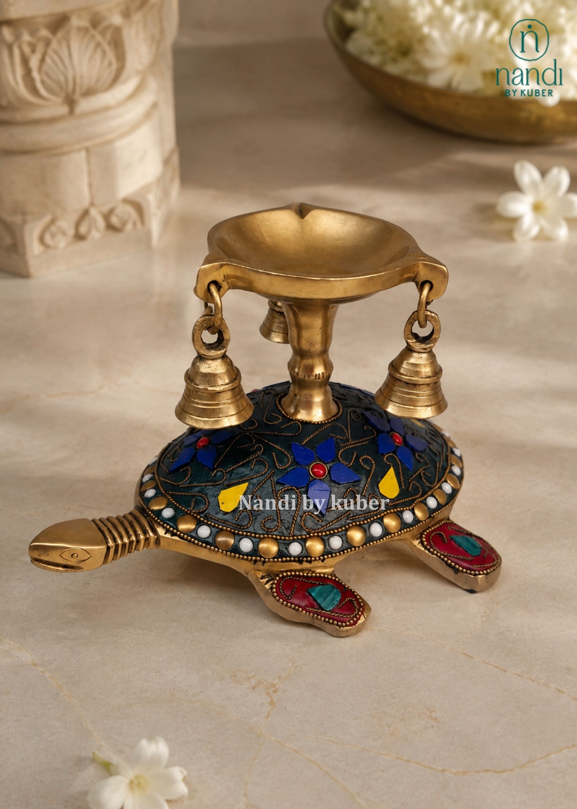 Brass Tortoise Diya With Bell - side view