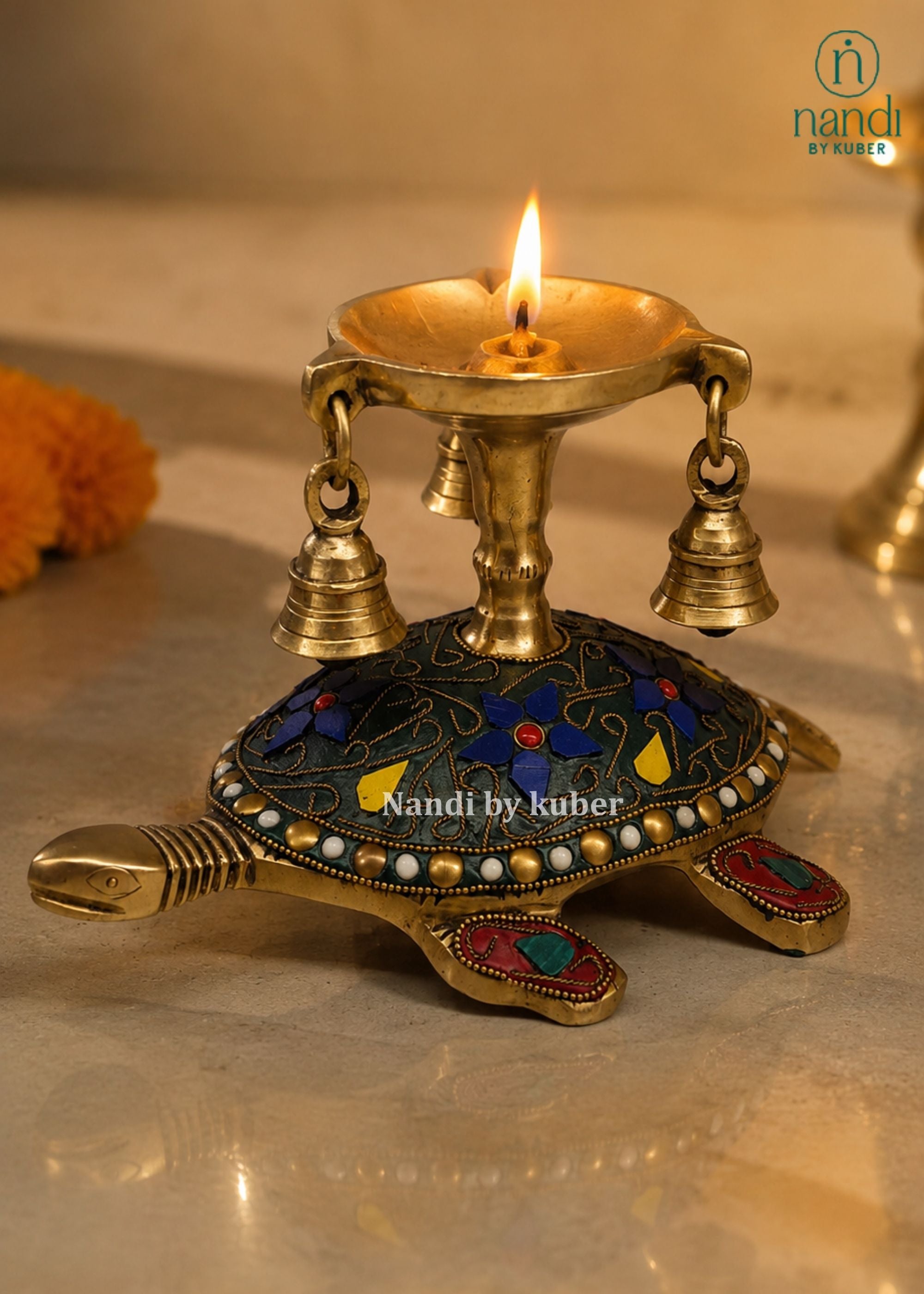Brass Tortoise Diya With Bell - detail view
