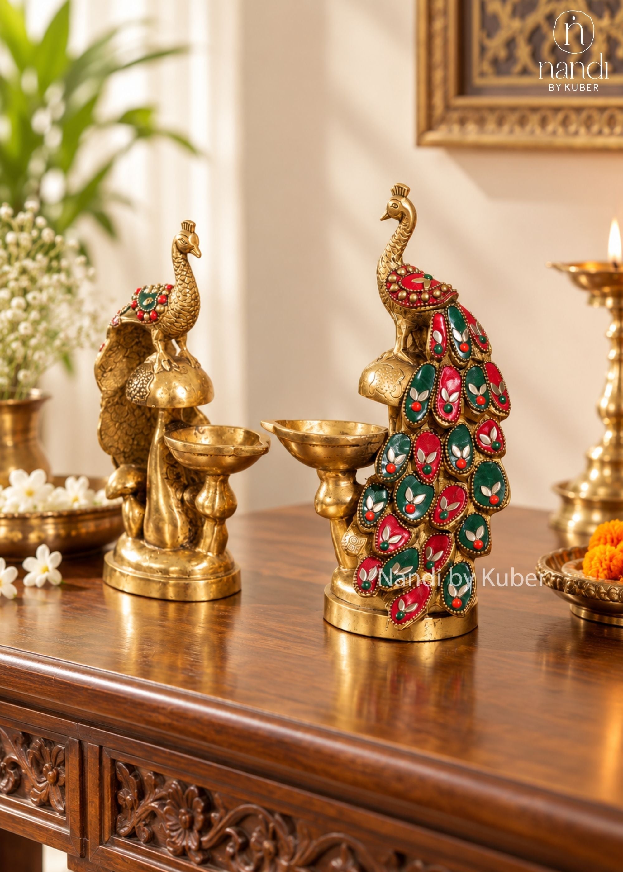 Brass Peacock Diya - angle 2