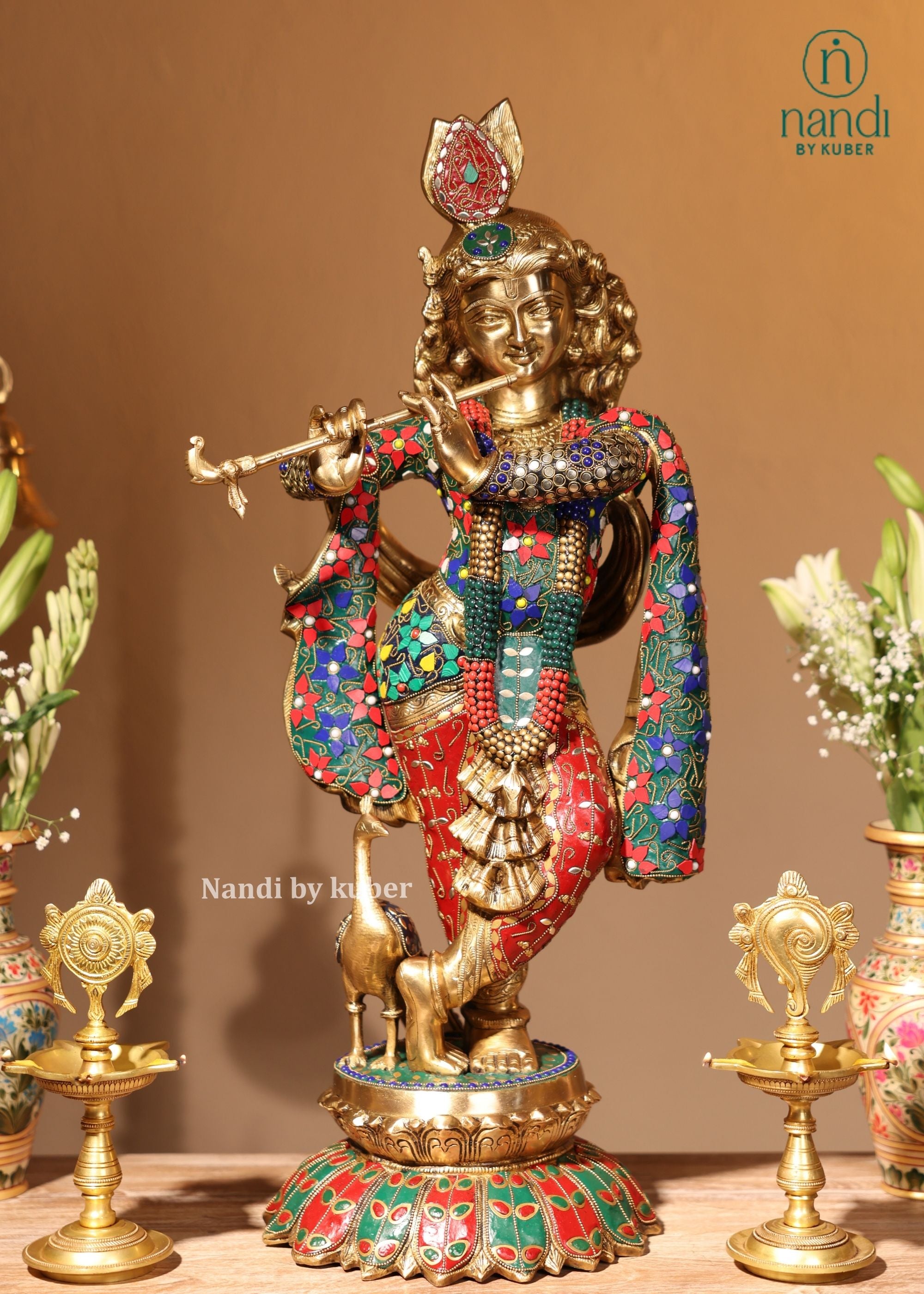 Brass Krishna Standing Lotus Base - detail view