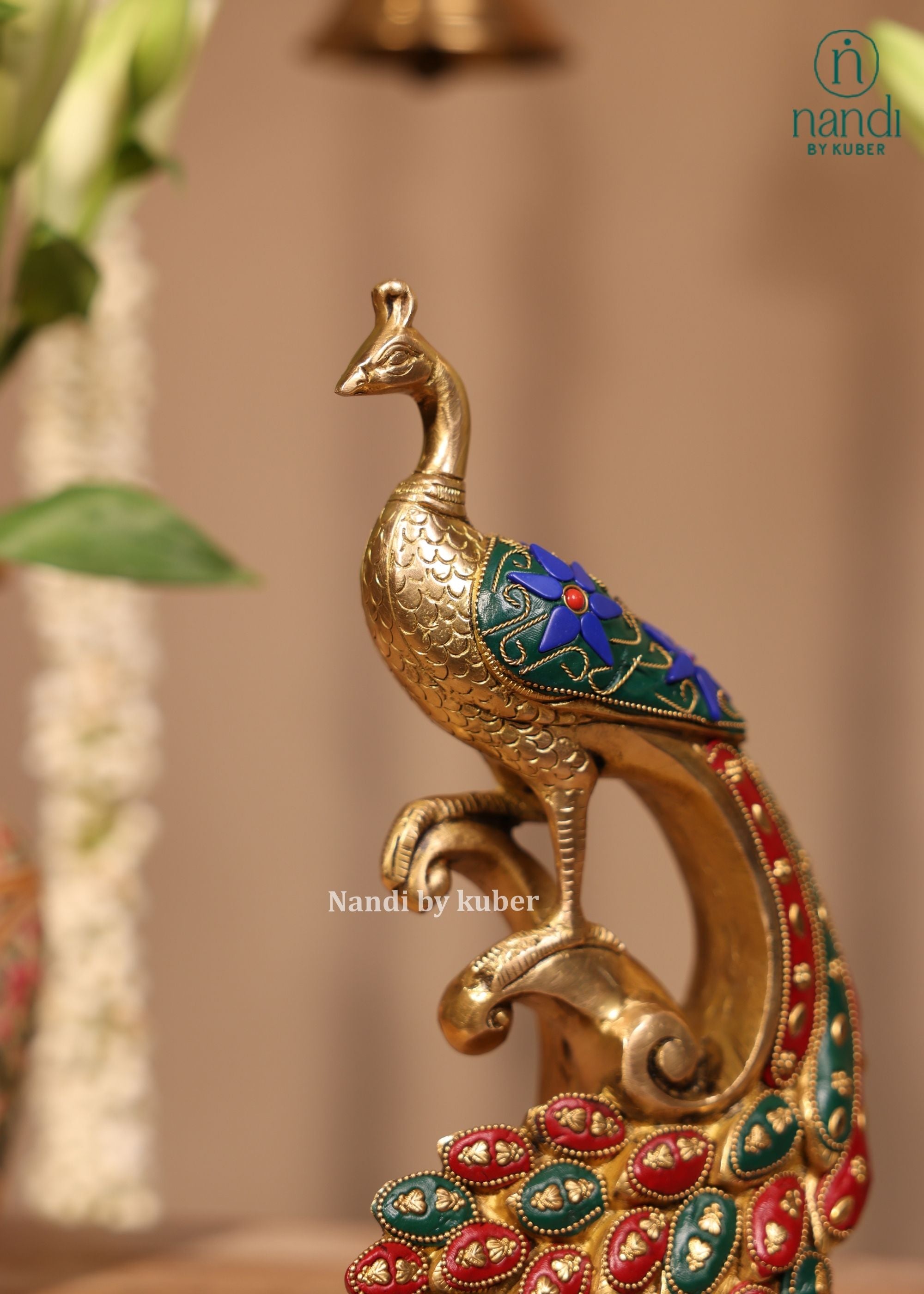 Brass Peacock On Branch - front view