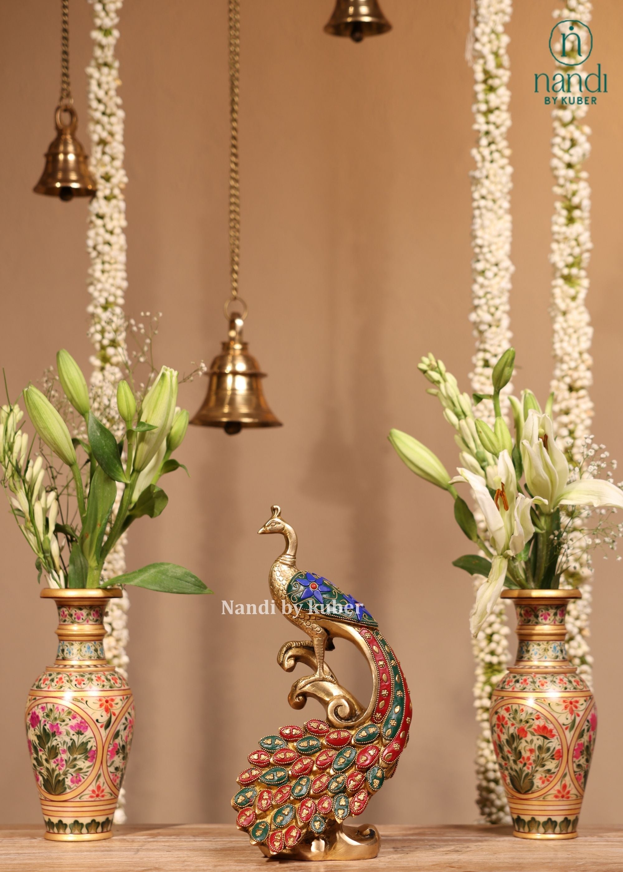 Brass Peacock On Branch - side view