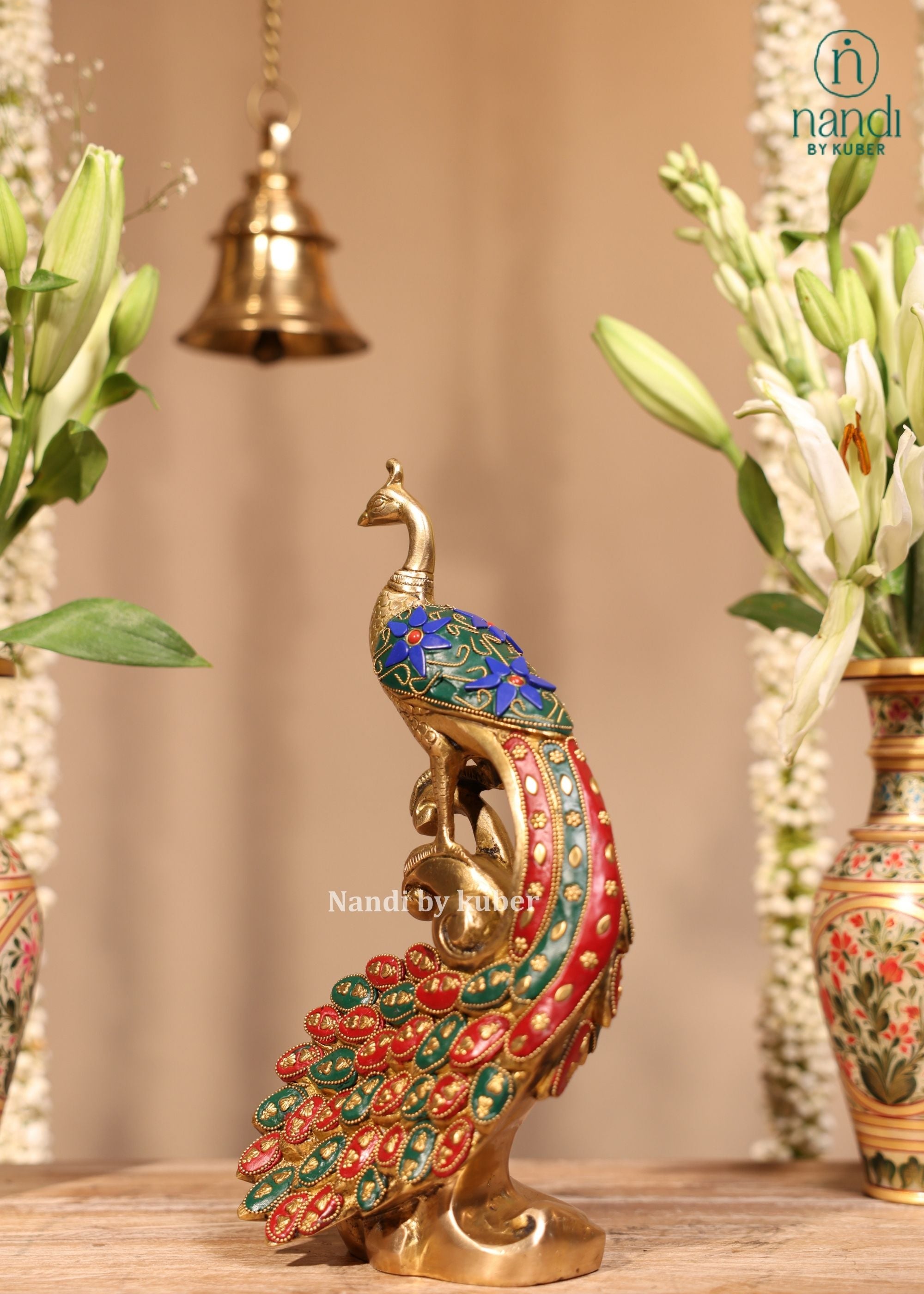 Brass Peacock On Branch - detail view