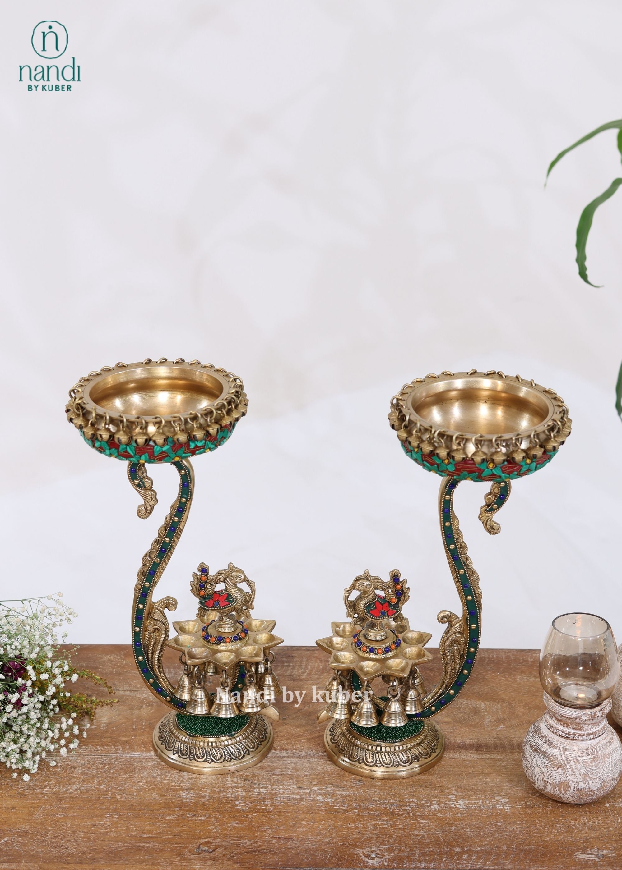 Brass Annam Diya With Urli - side view