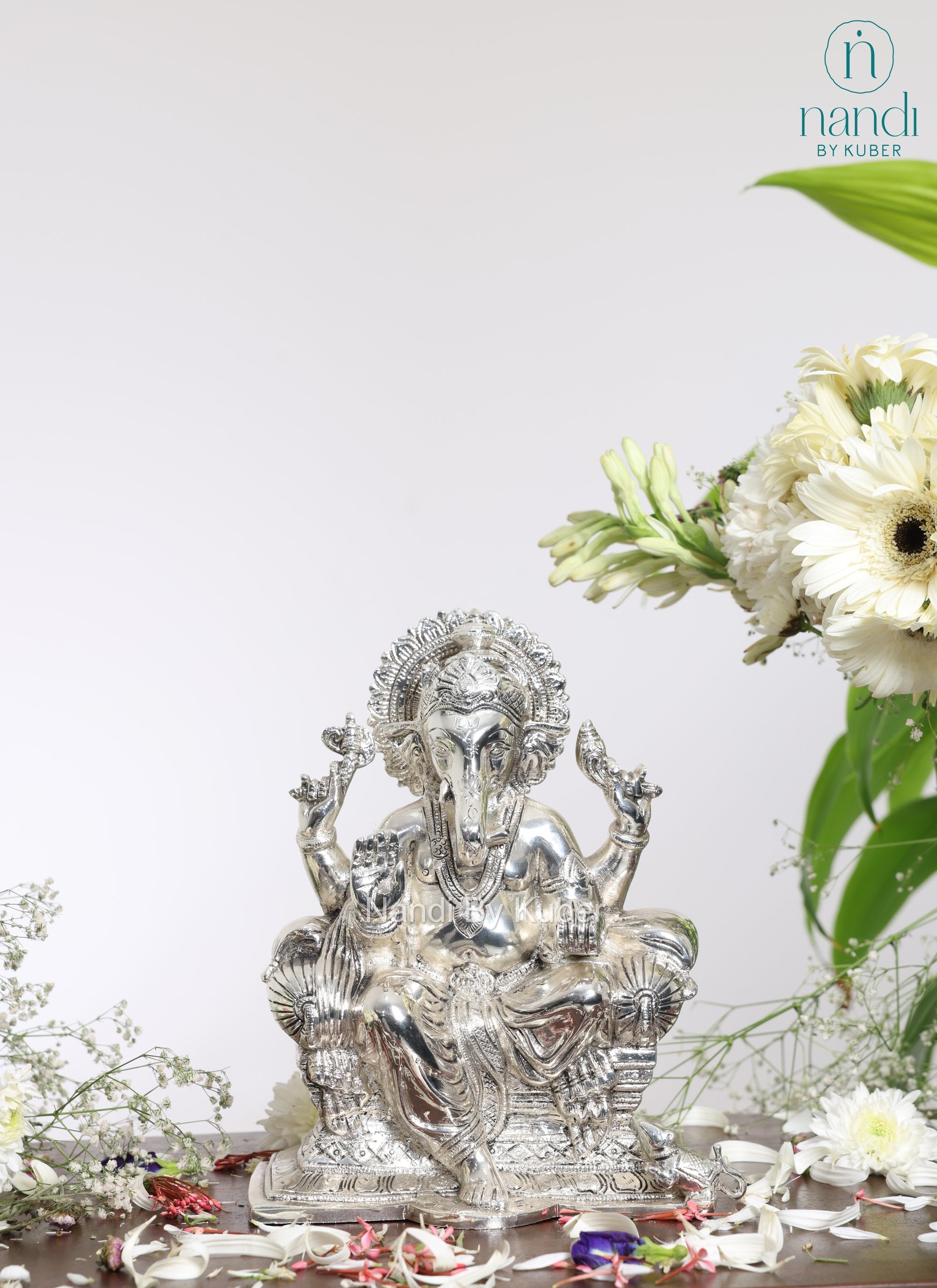 Brass Ganesha Sitting On Singhasan - front view
