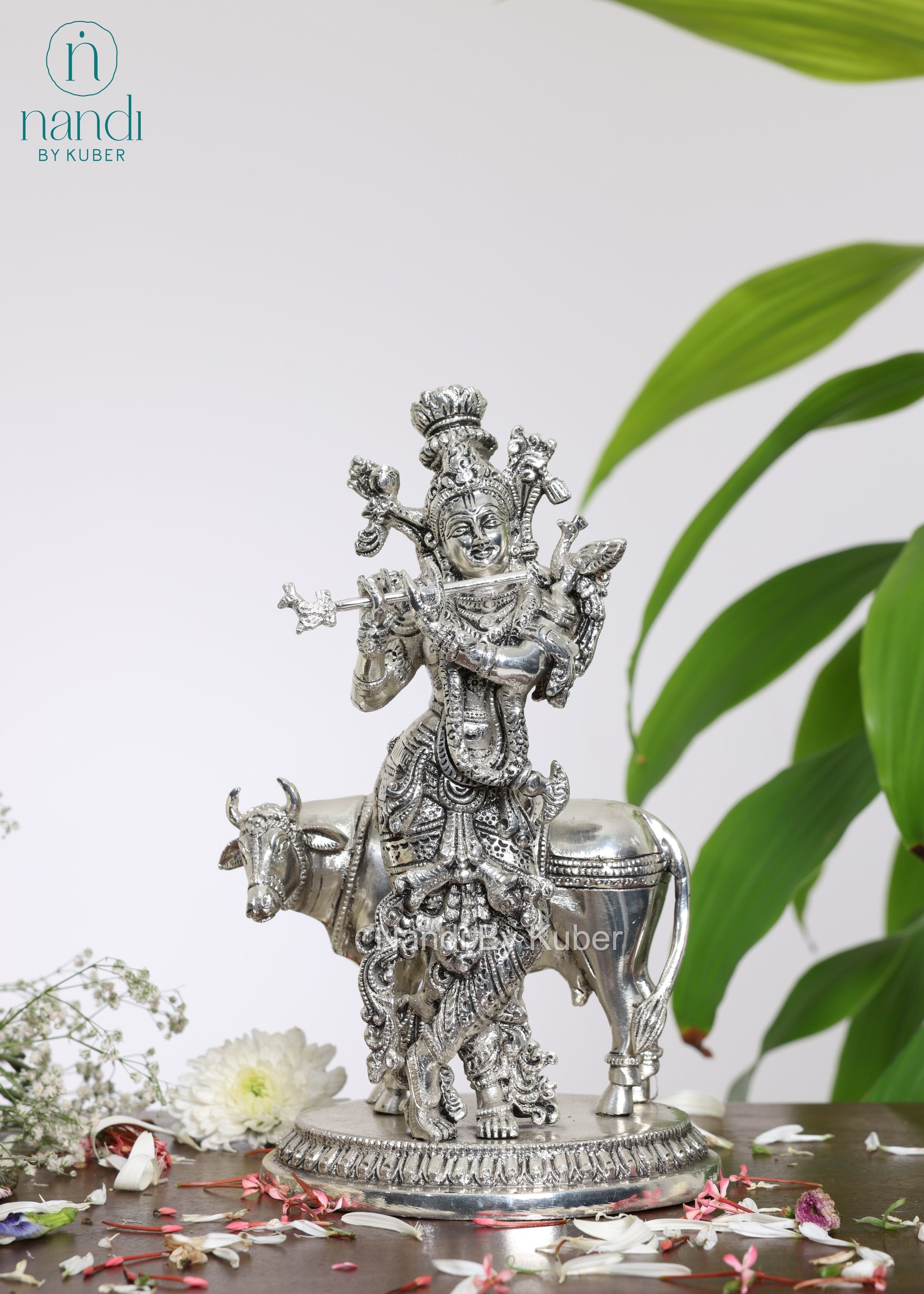 Brass Special Silver Plating Krishna Cow - front view