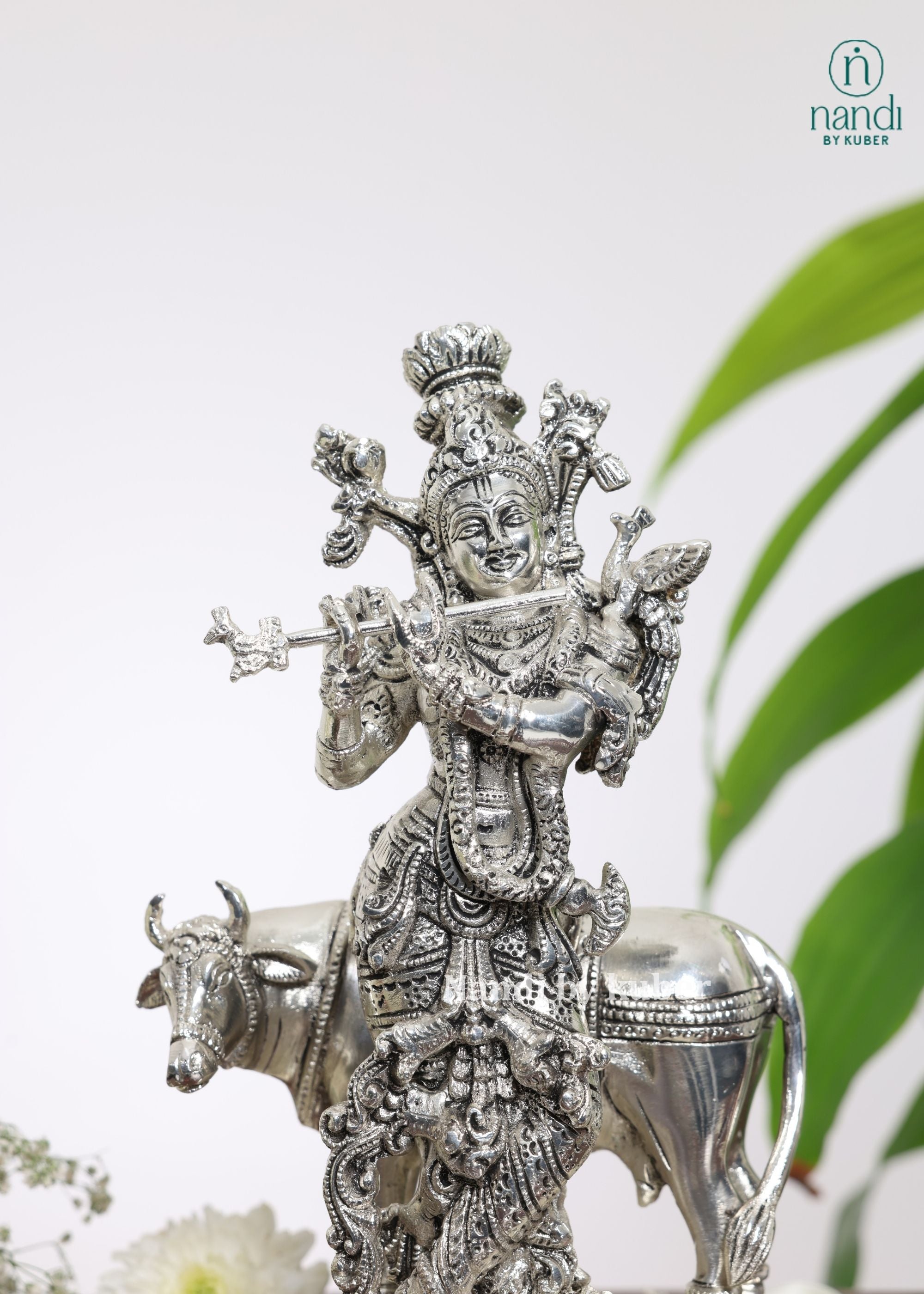 Brass Special Silver Plating Krishna Cow - side view