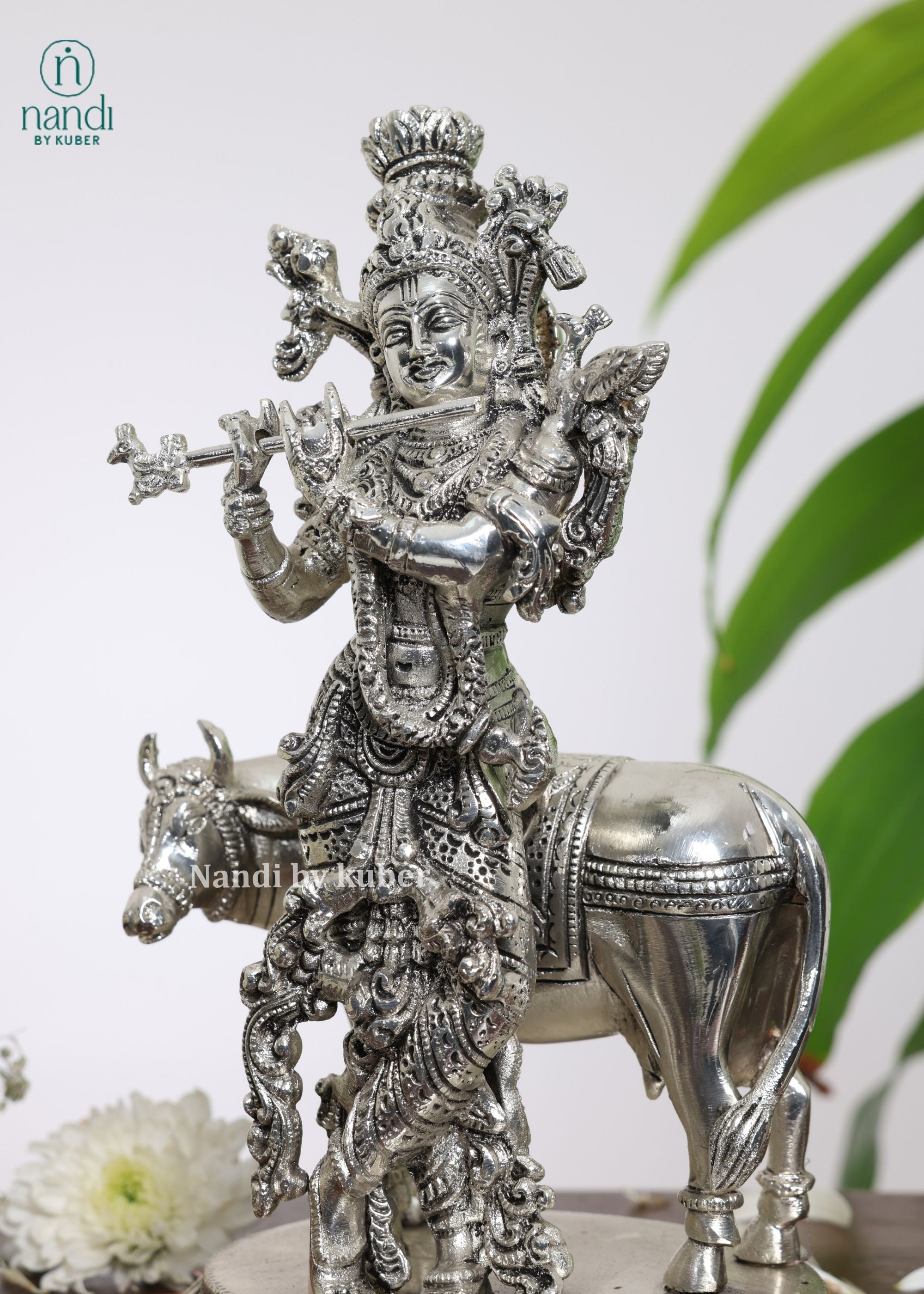 Brass Special Silver Plating Krishna Cow - detail view