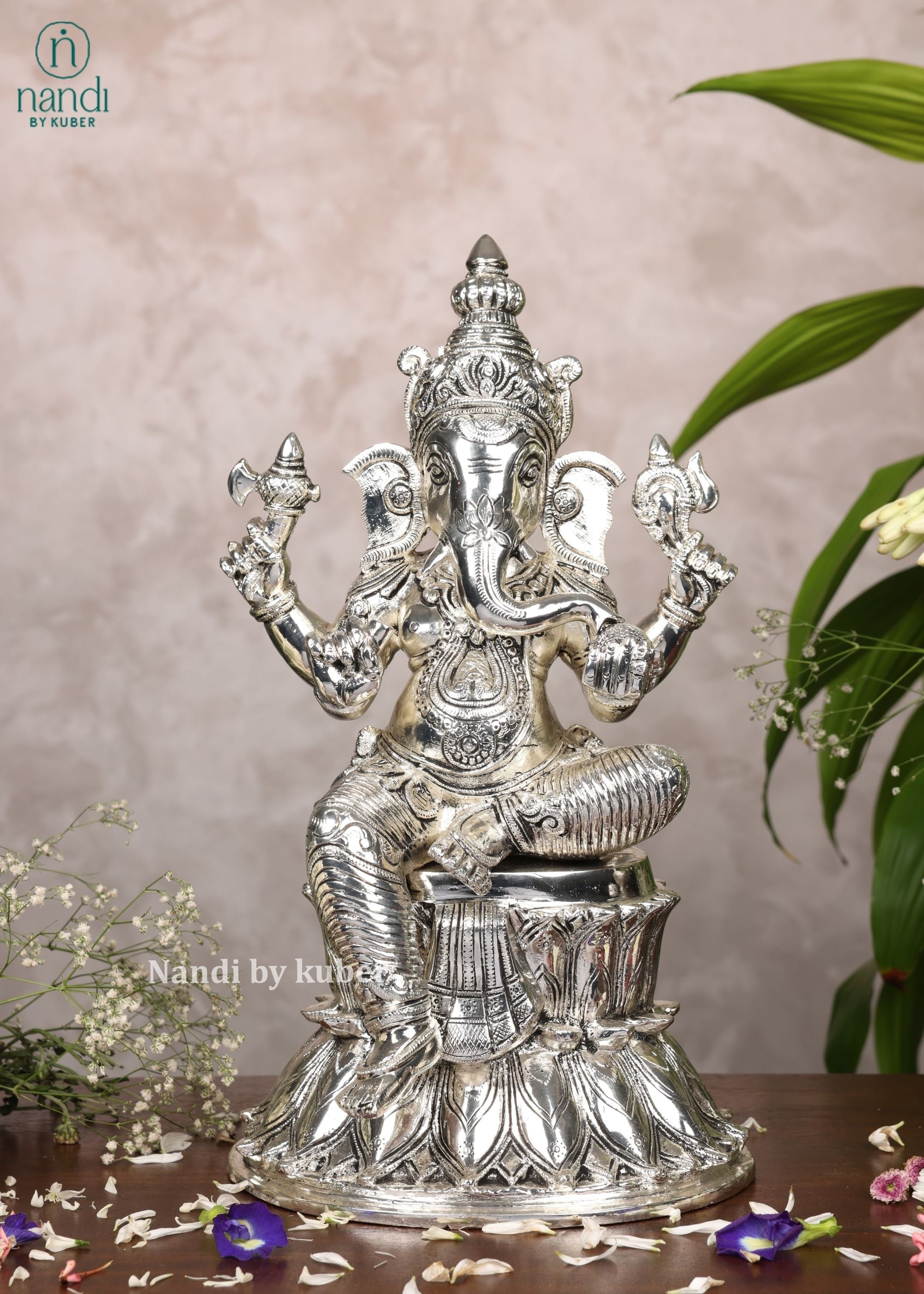 Brass Special Silver Plating Ganesha Sitting On Lotus - side view