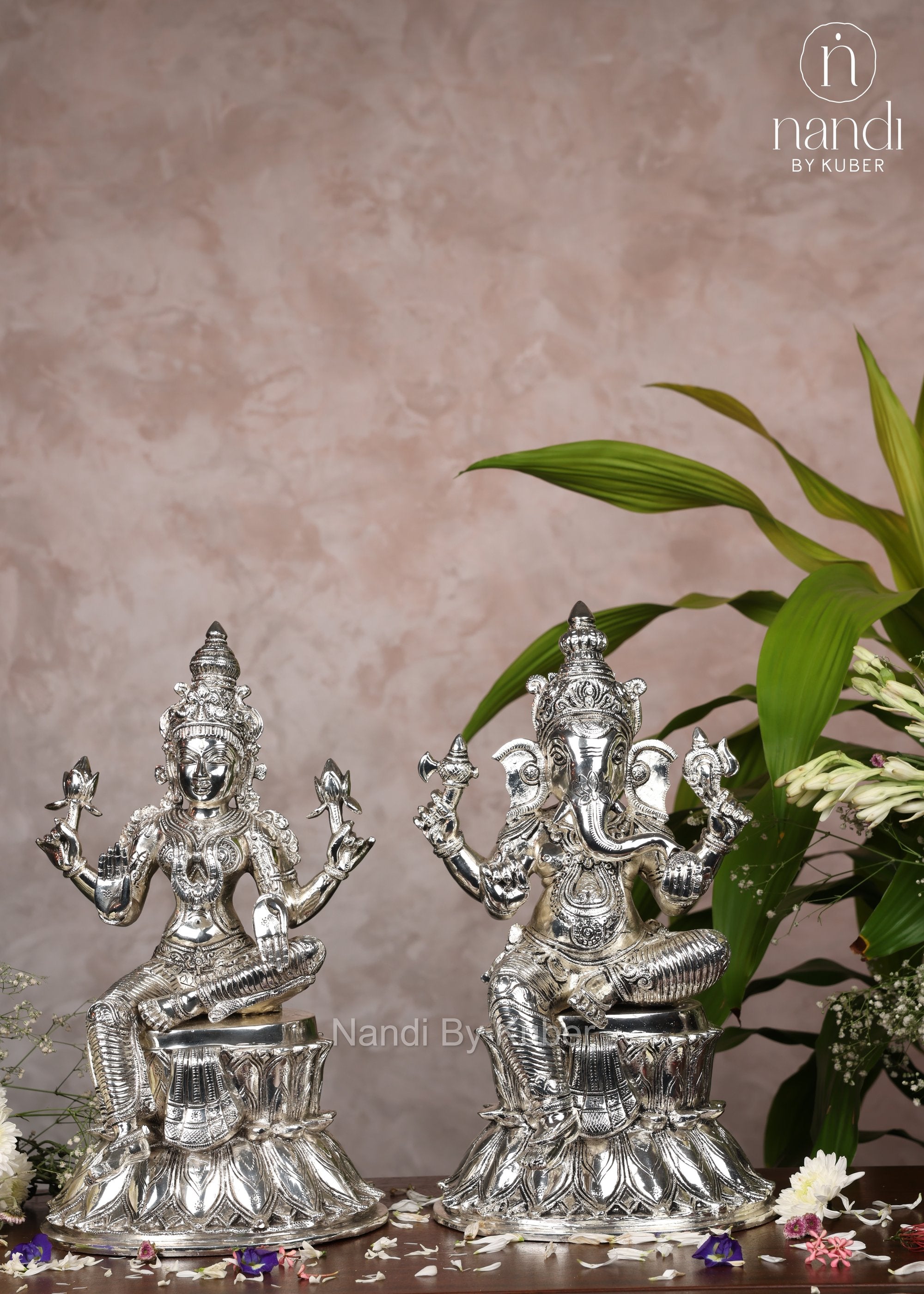 Brass Special Silver Plating Laxmi Sitting On Lotus - front view