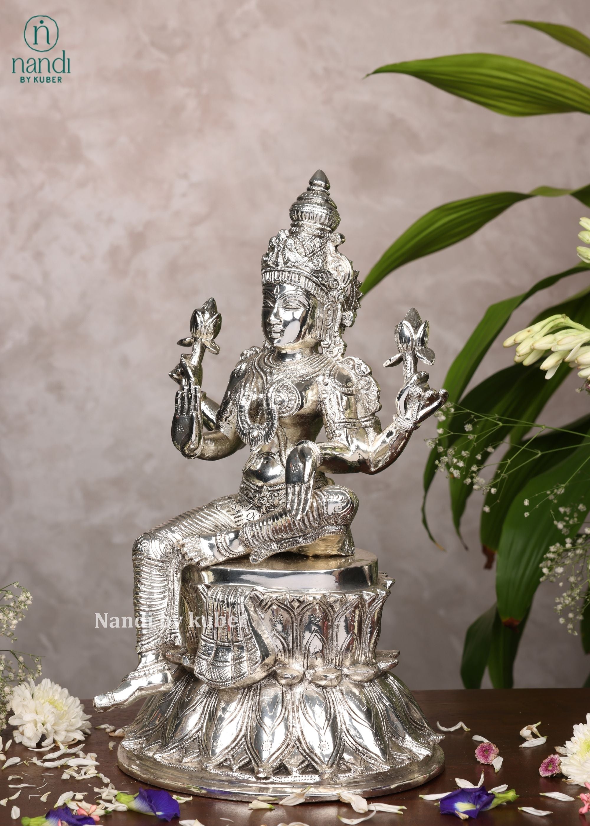 Brass Special Silver Plating Laxmi Sitting On Lotus - side view