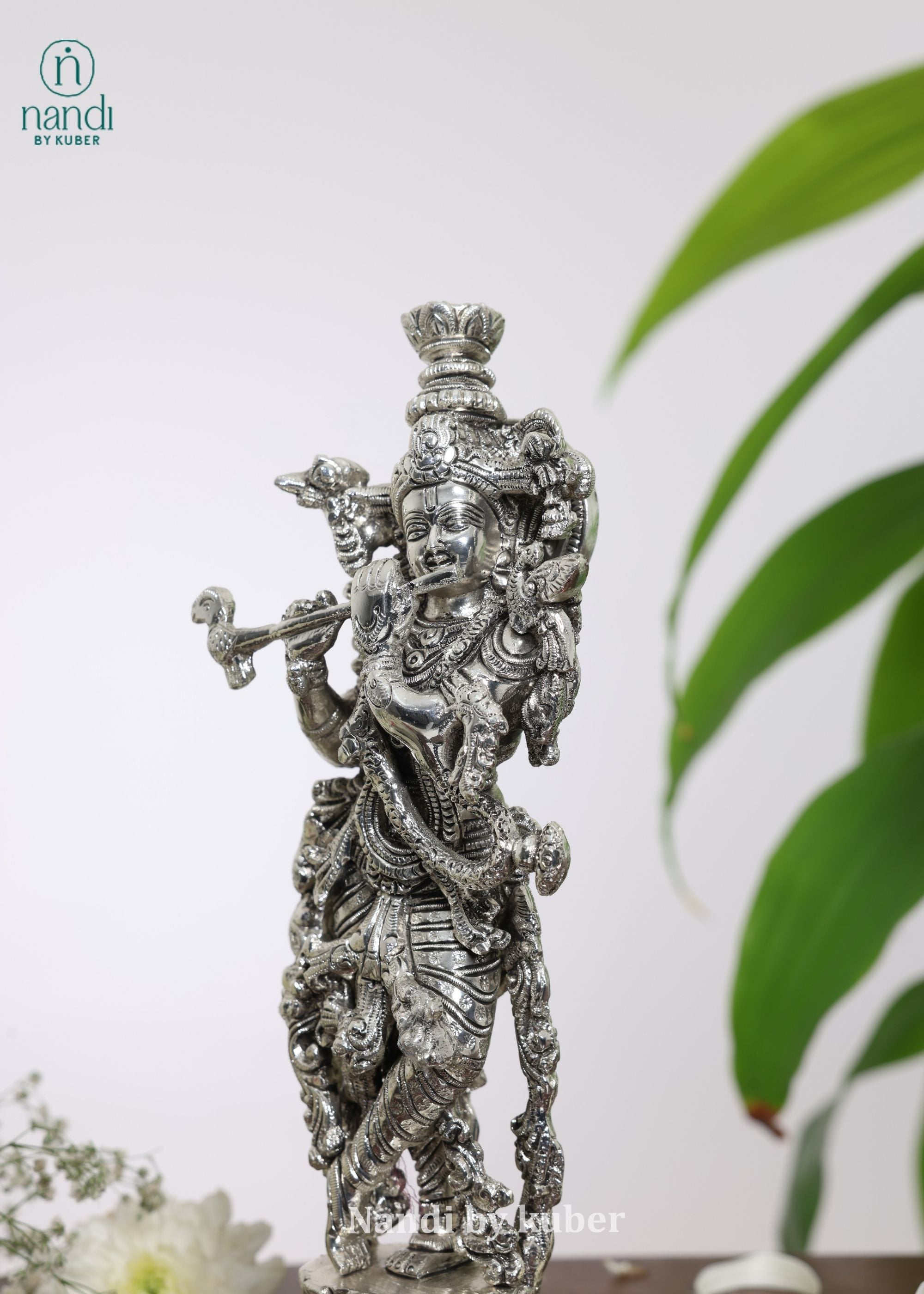 Brass Special Silver Plating Krishna Standing - front view