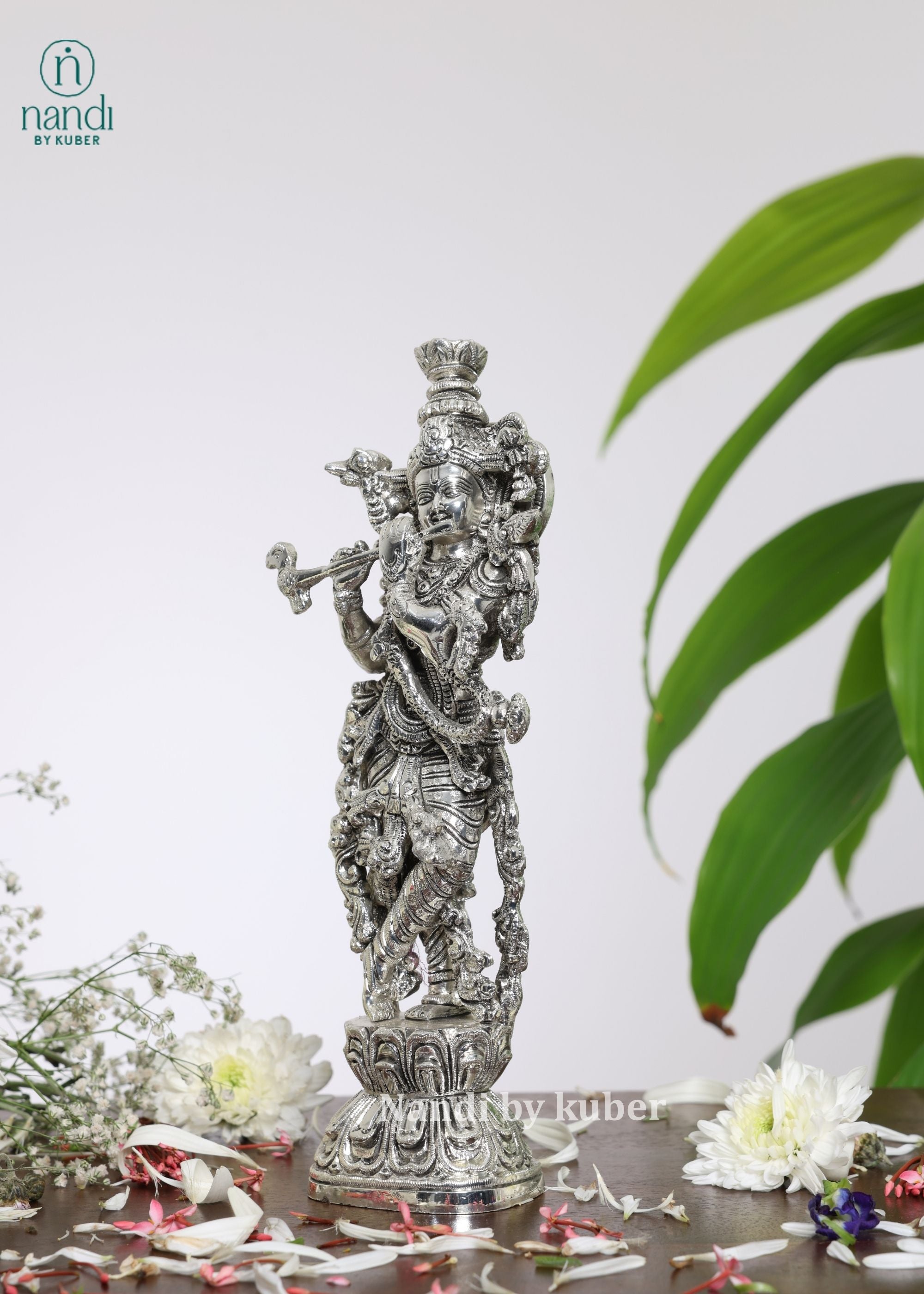 Brass Special Silver Plating Krishna Standing - side view