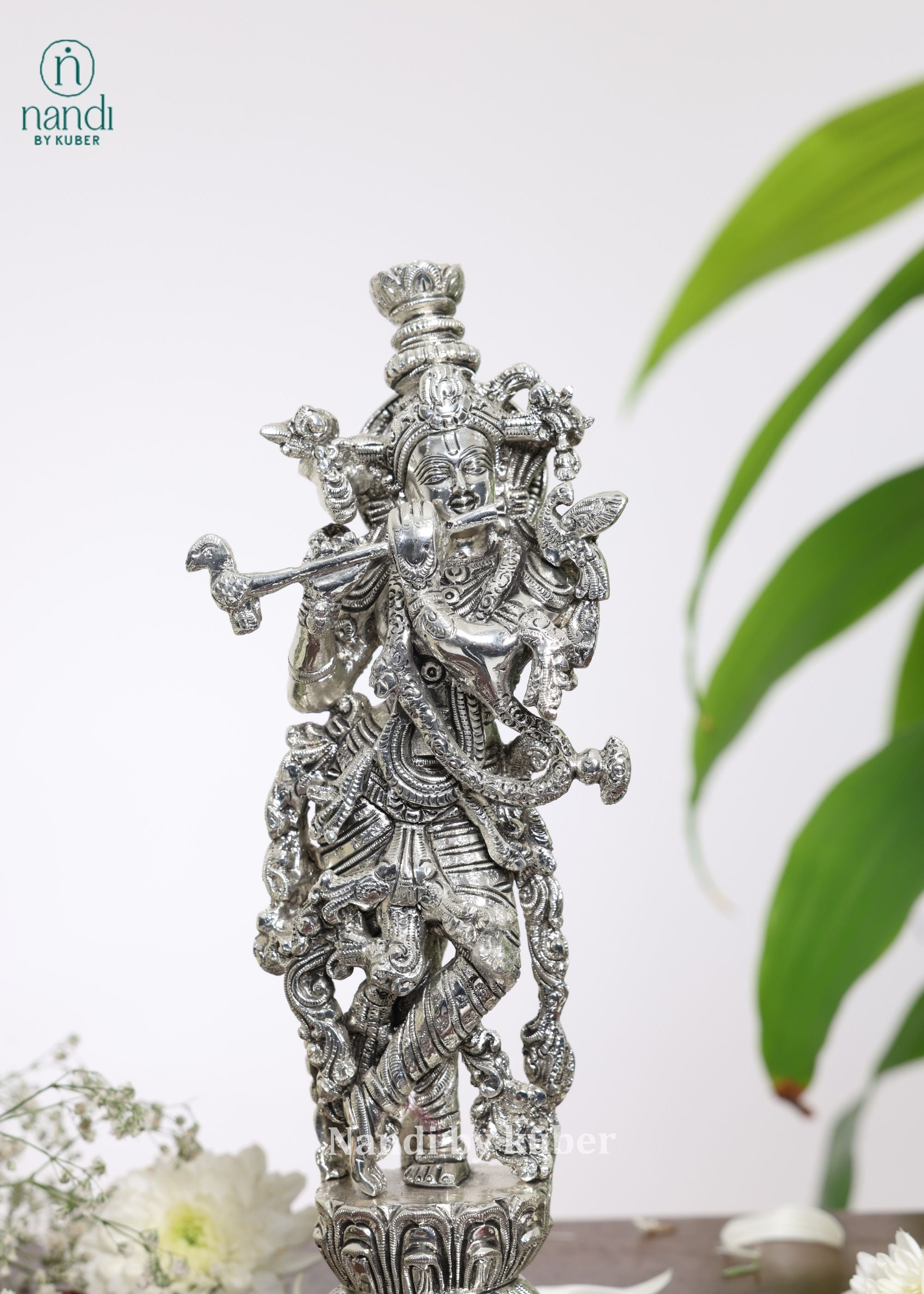 Brass Special Silver Plating Krishna Standing - detail view