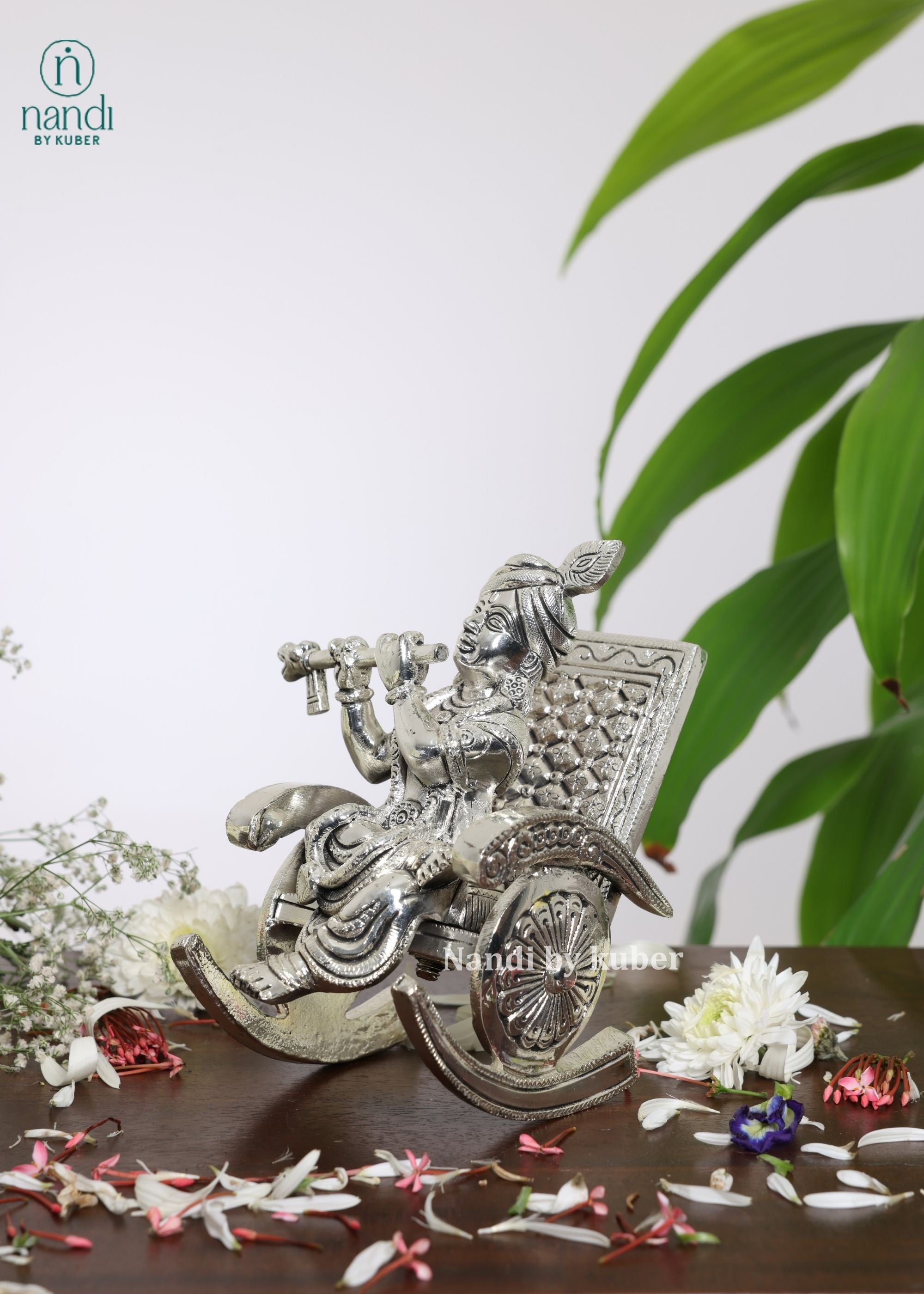 Brass Special Silver Plating Krishna Sitting On Rocking Chair - detail view