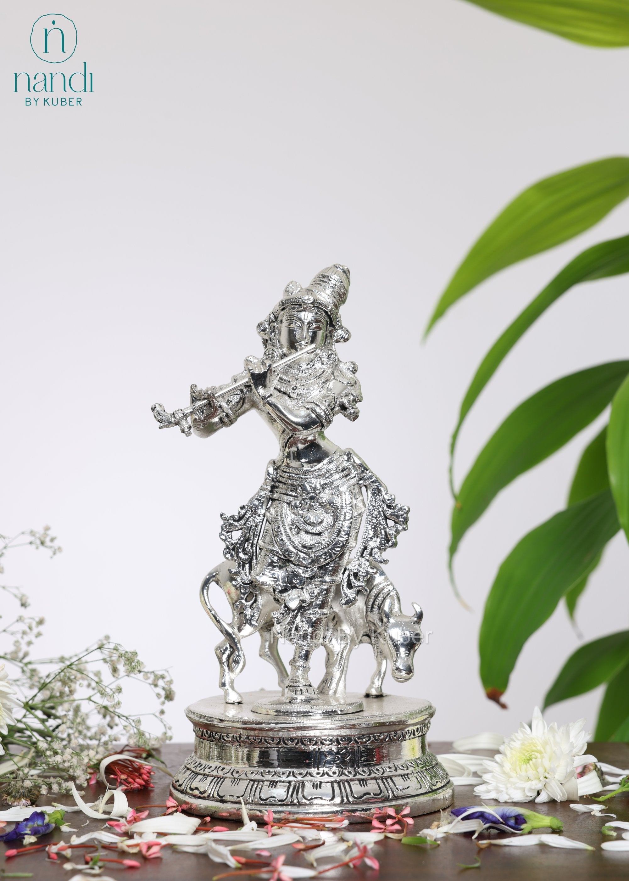 Brass Special Silver Plating Cow Krishna - front view