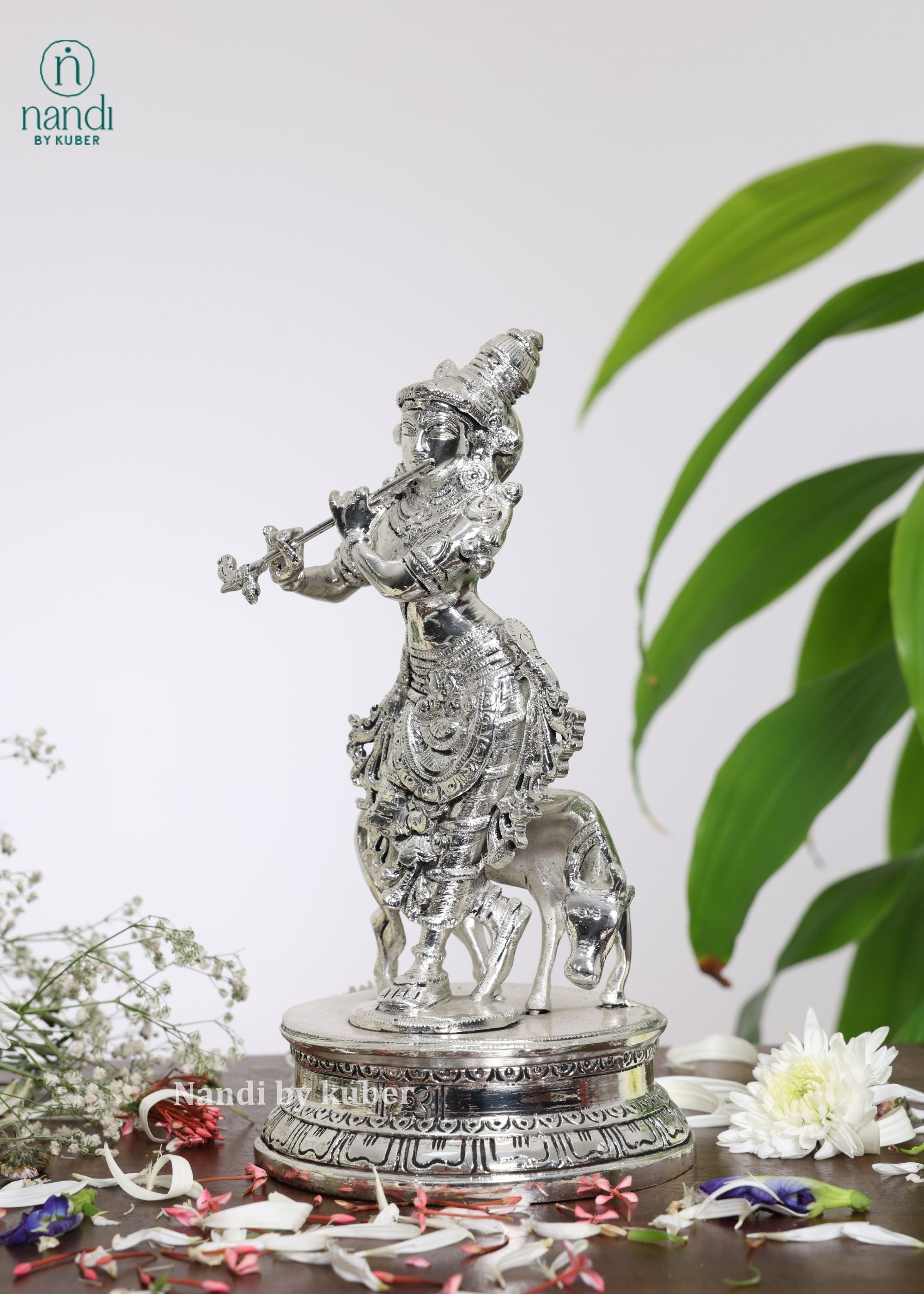 Brass Special Silver Plating Cow Krishna - side view