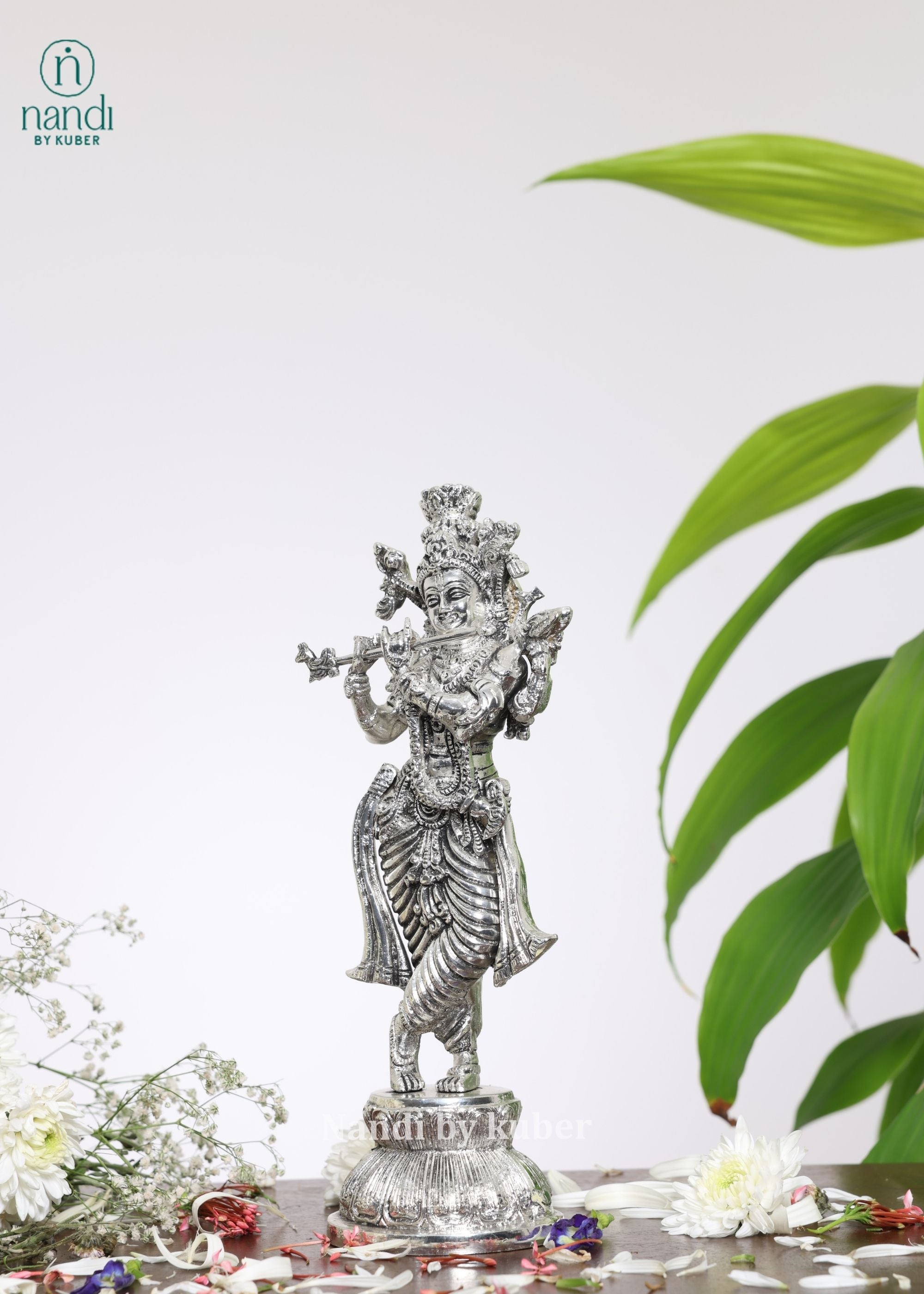 Brass Special Silver Plating Krishna Standing With Base - front view