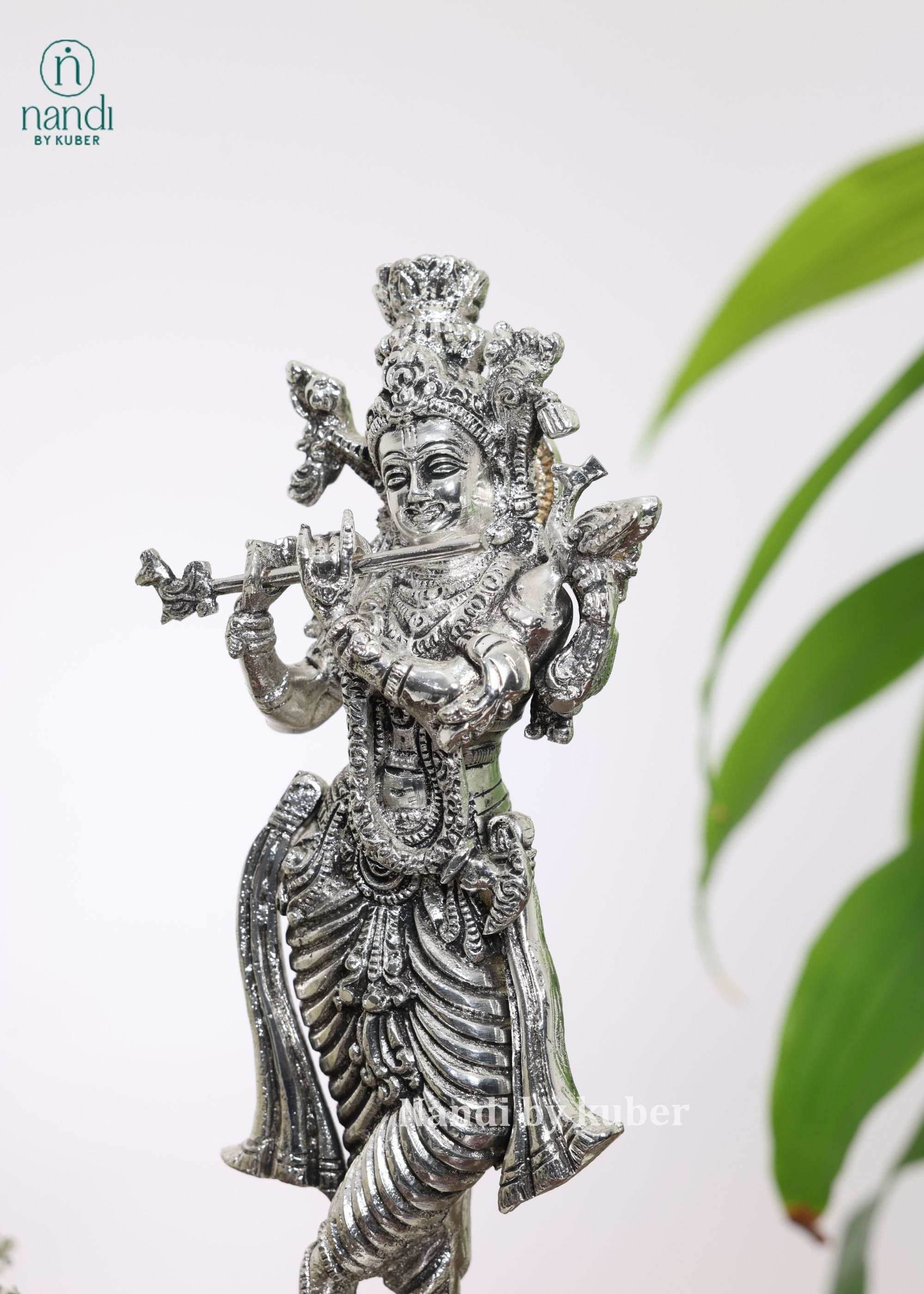 Brass Special Silver Plating Krishna Standing With Base - side view