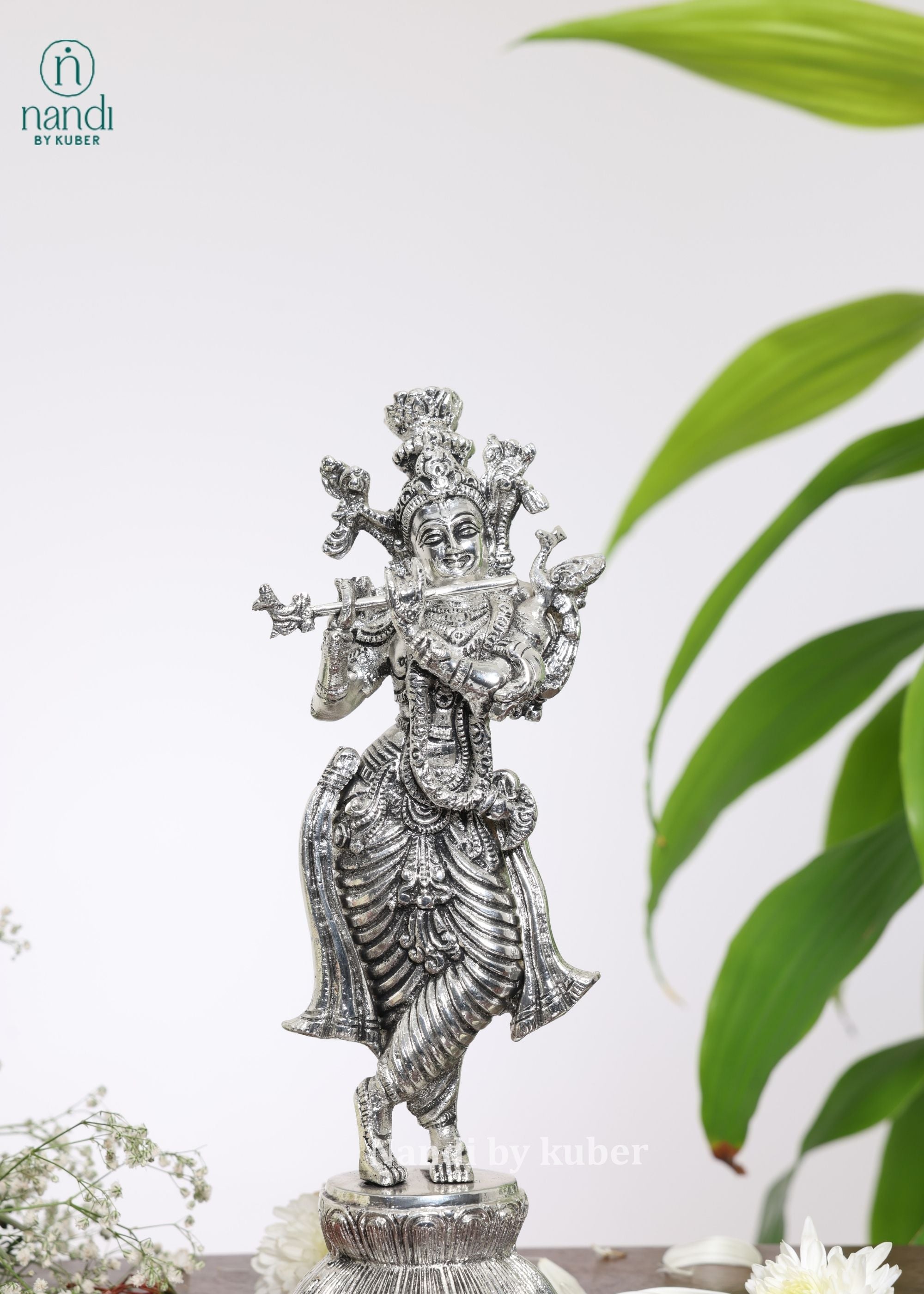 Brass Special Silver Plating Krishna Standing With Base - detail view