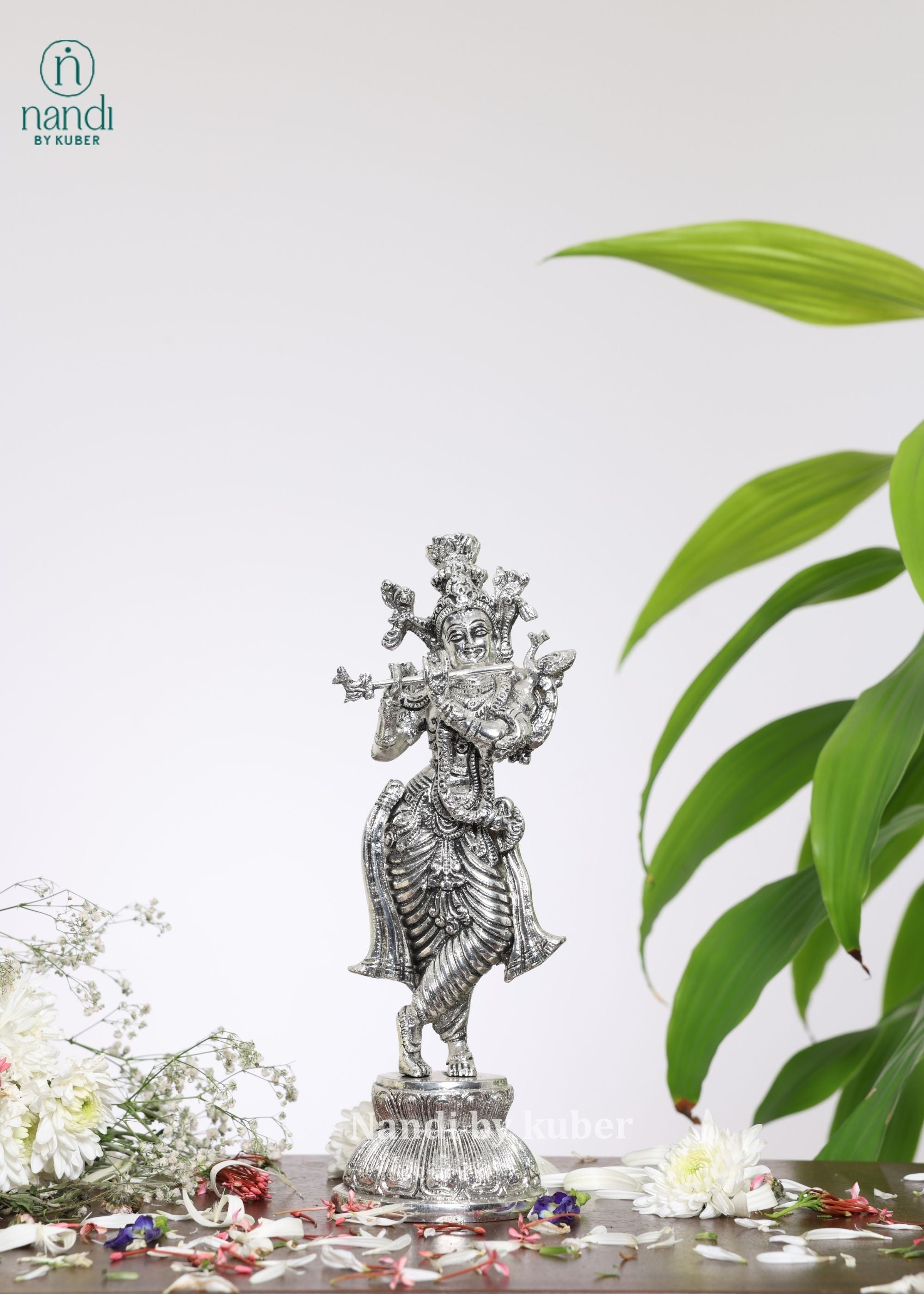Brass Special Silver Plating Krishna Standing With Base - lifestyle view
