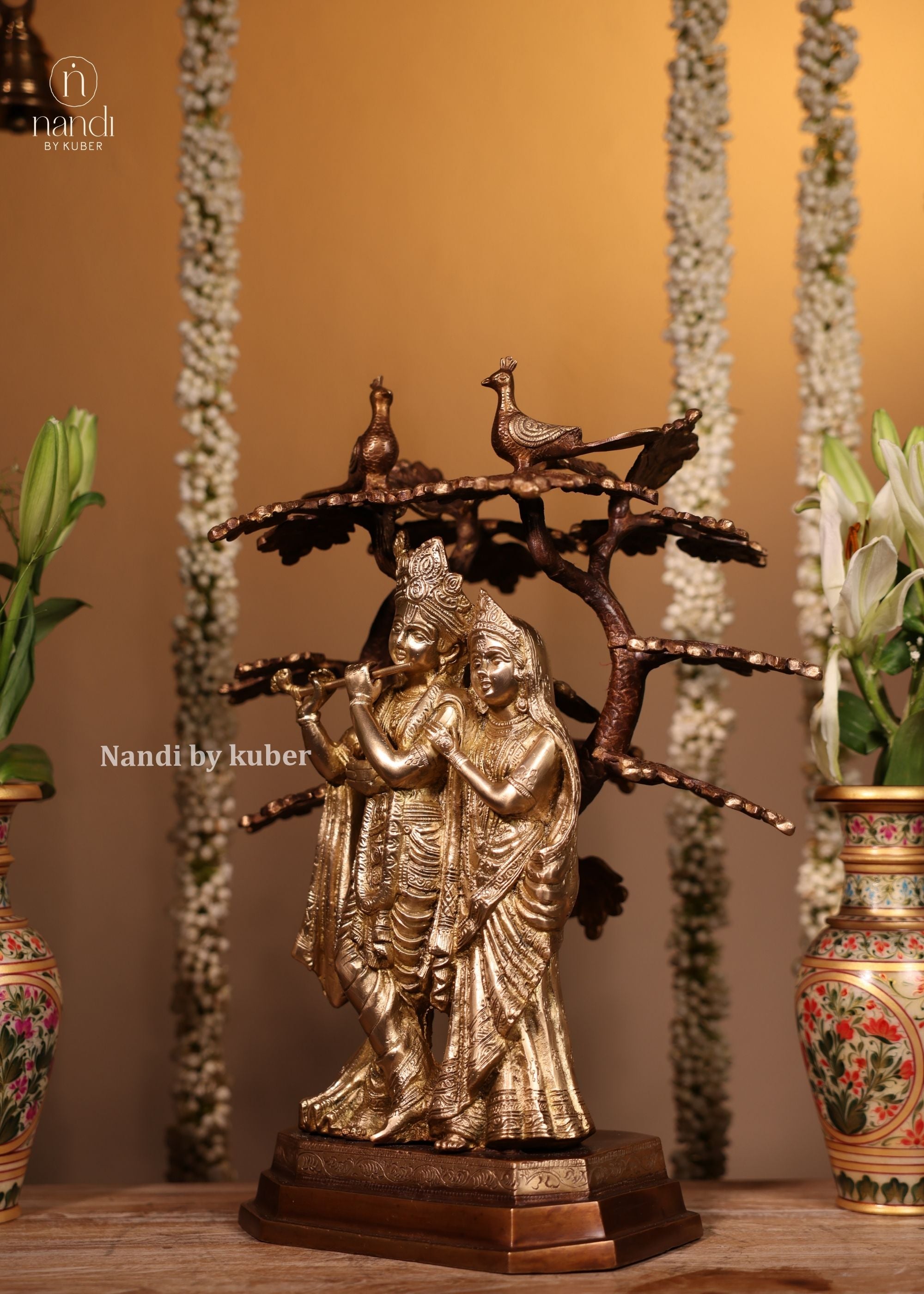Brass Two Tone Radha Krishna Under Tree - front view