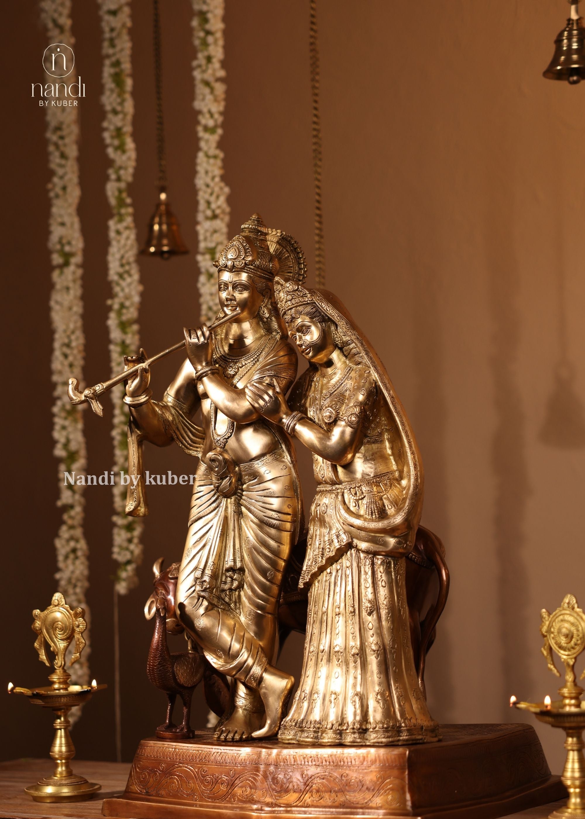 Brass Two Tone Radha Krishna With Cow - front view