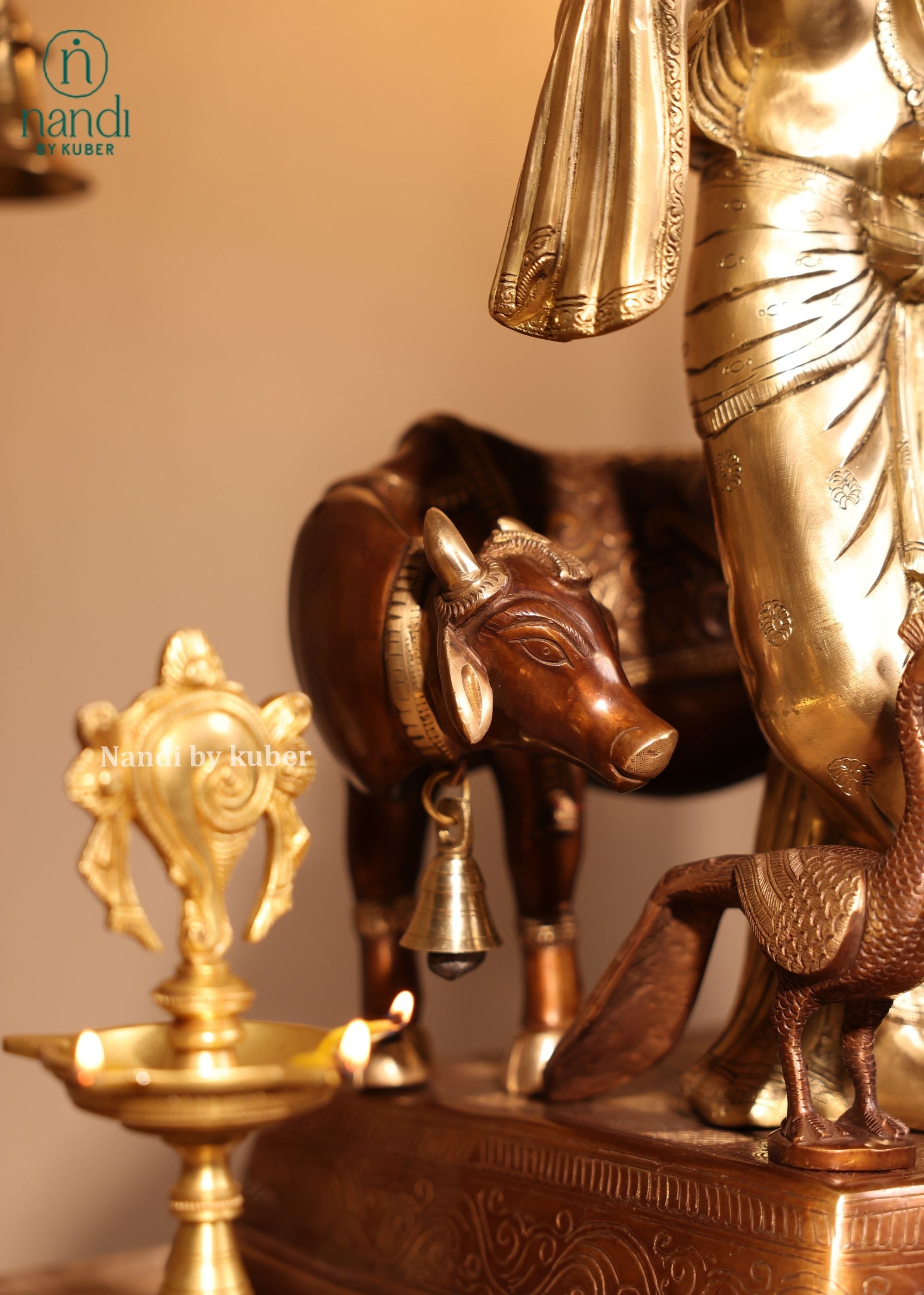 Brass Two Tone Radha Krishna With Cow - side view