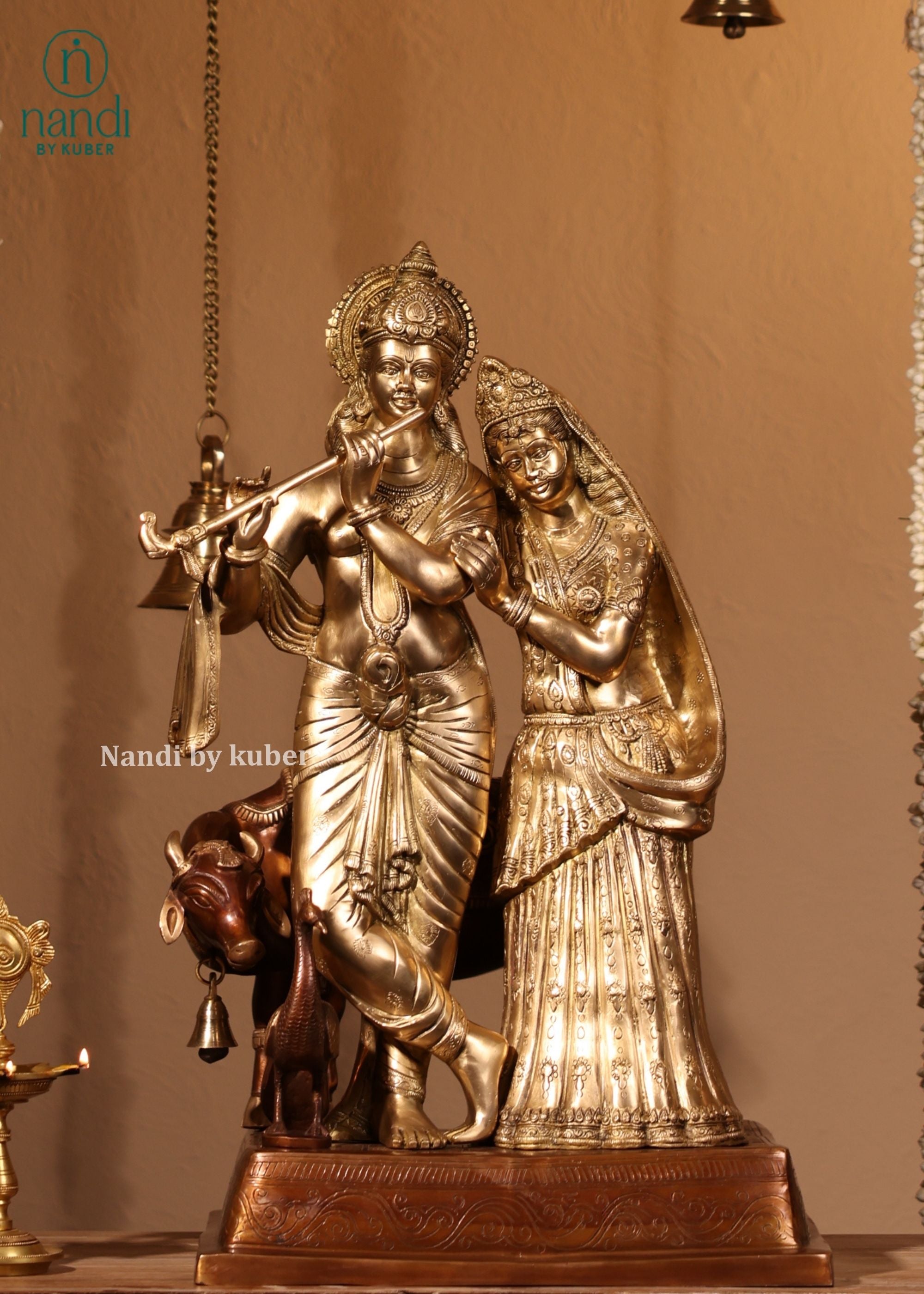 Brass Two Tone Radha Krishna With Cow - detail view