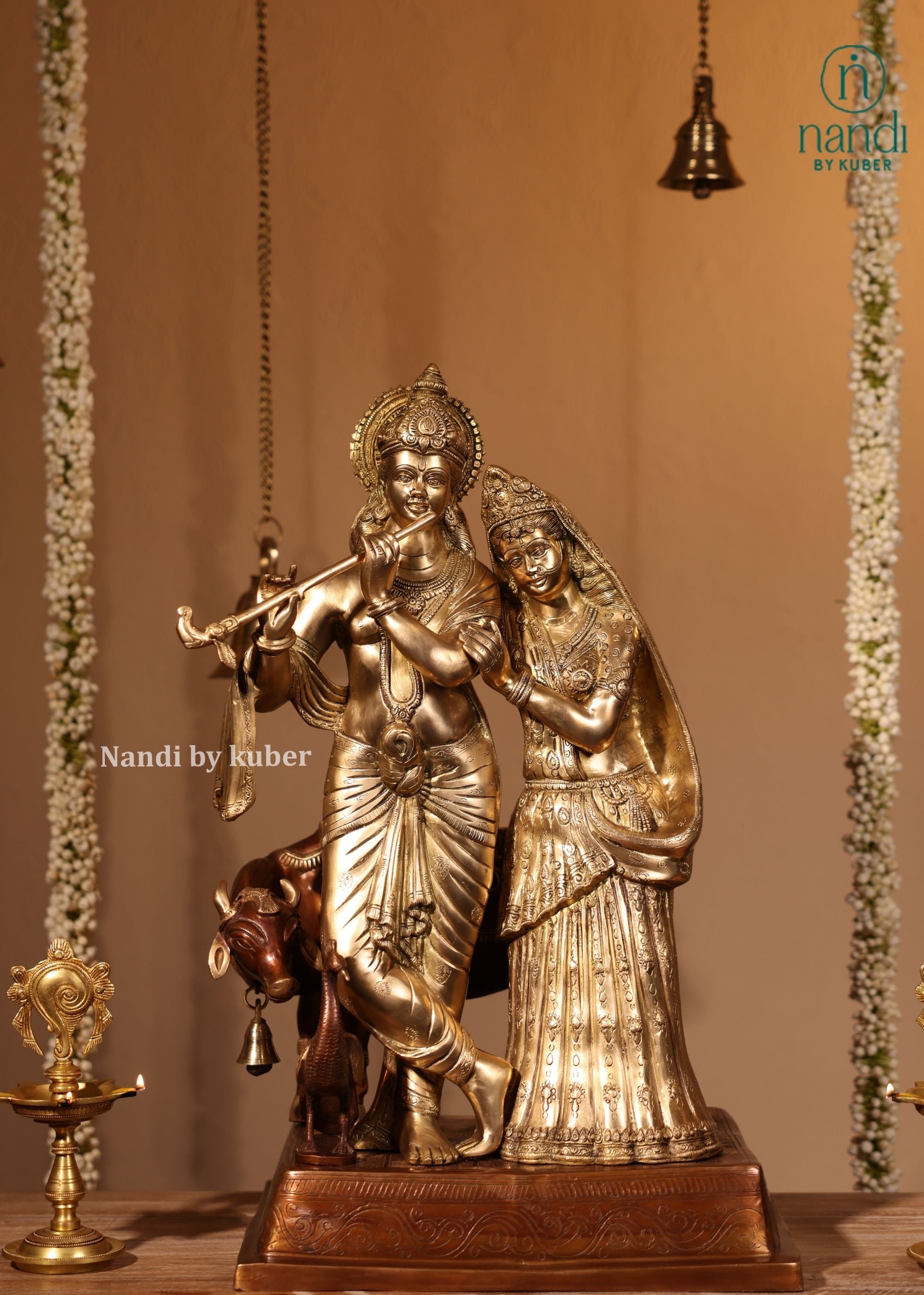 Brass Two Tone Radha Krishna With Cow - lifestyle view