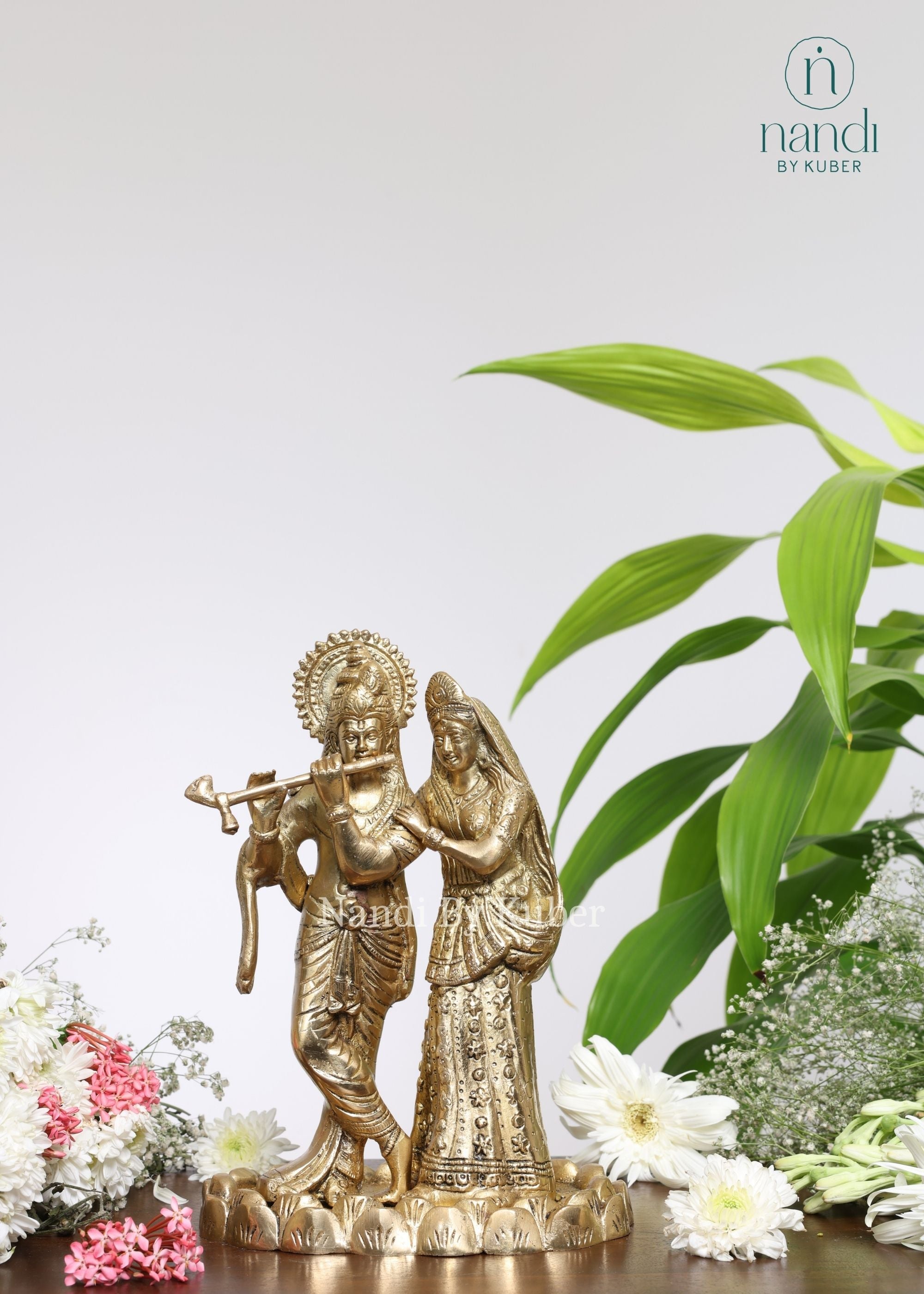 Brass Radha Krishna on Lotus - side view