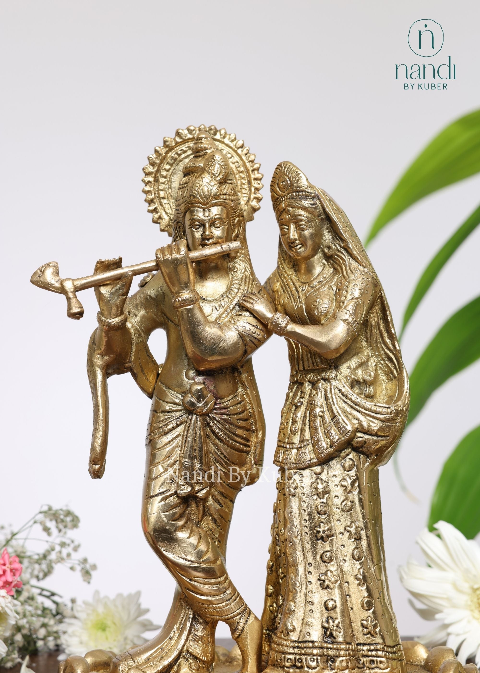 Brass Radha Krishna on Lotus - detail view