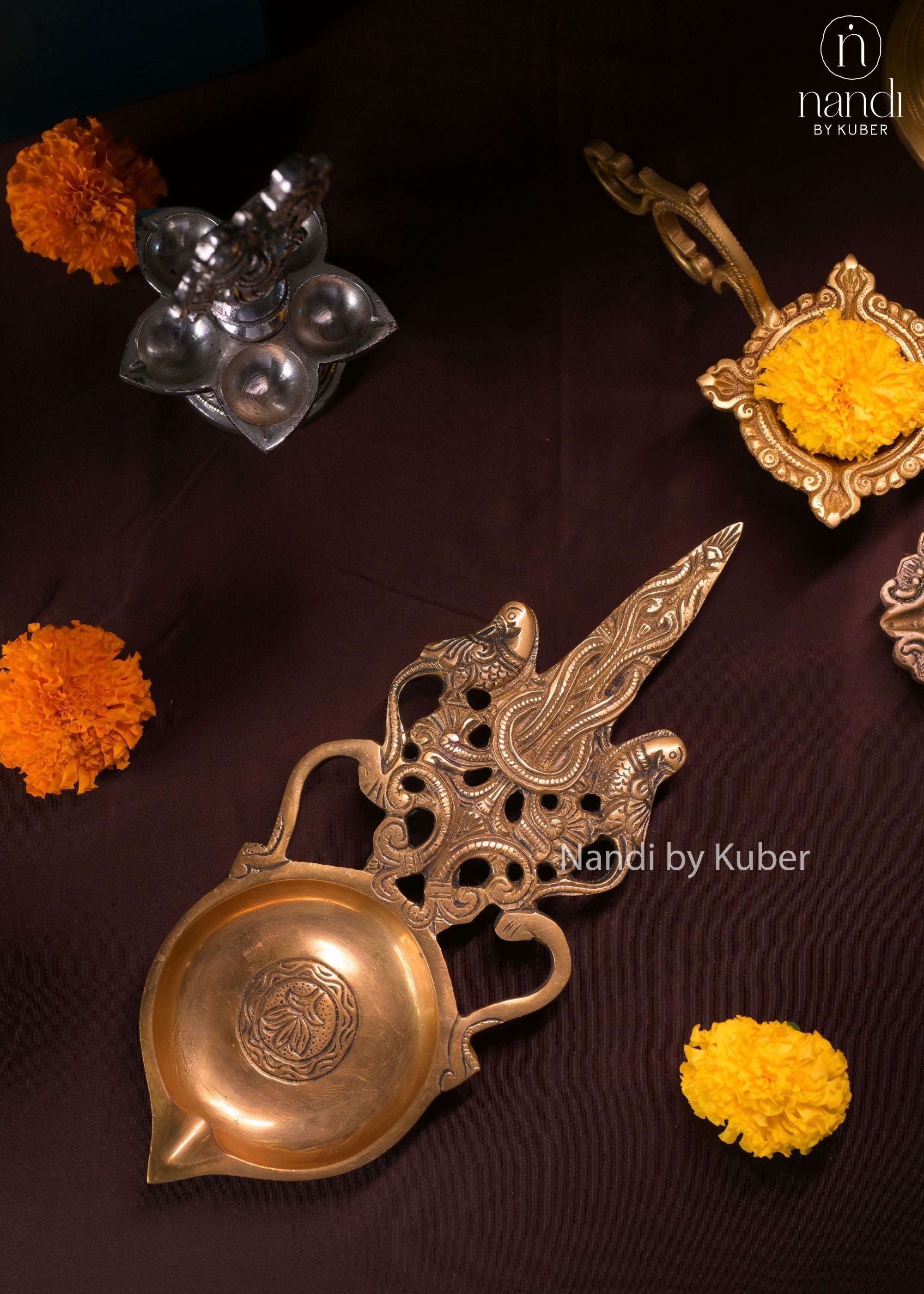 Brass Diya Handle Double Parrot