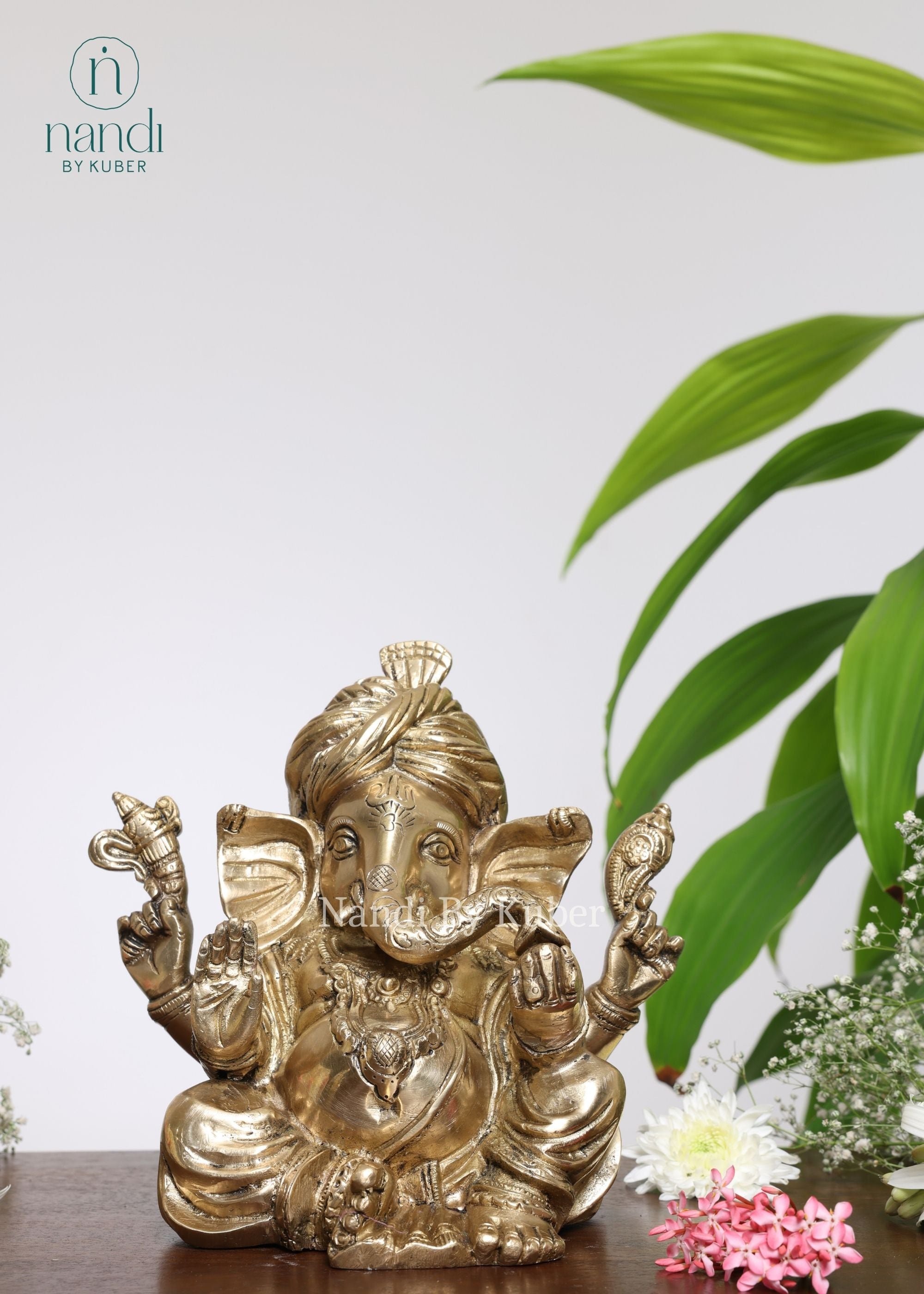 Brass White Gold Pagdi Ganesha - front view