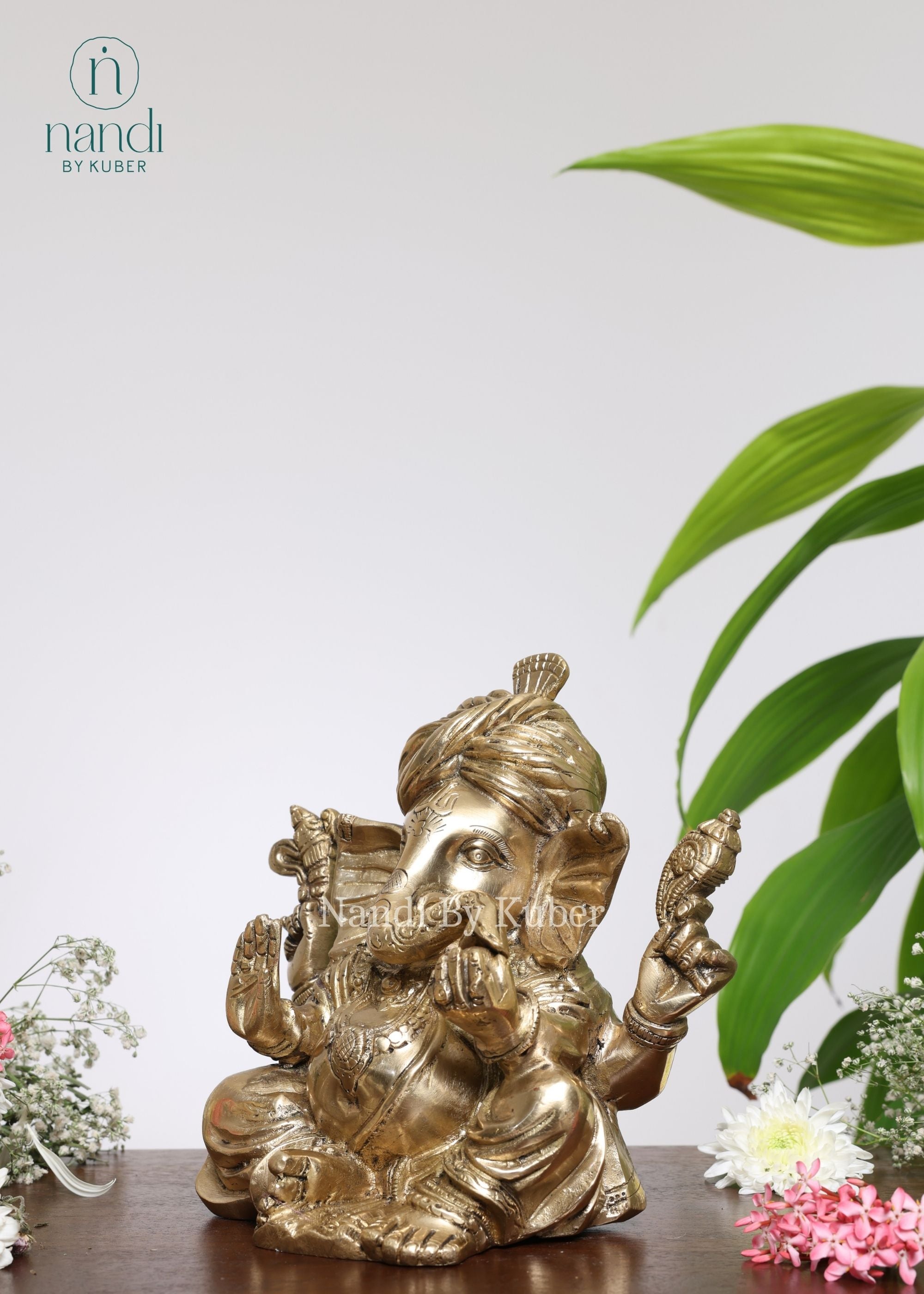 Brass White Gold Pagdi Ganesha - side view