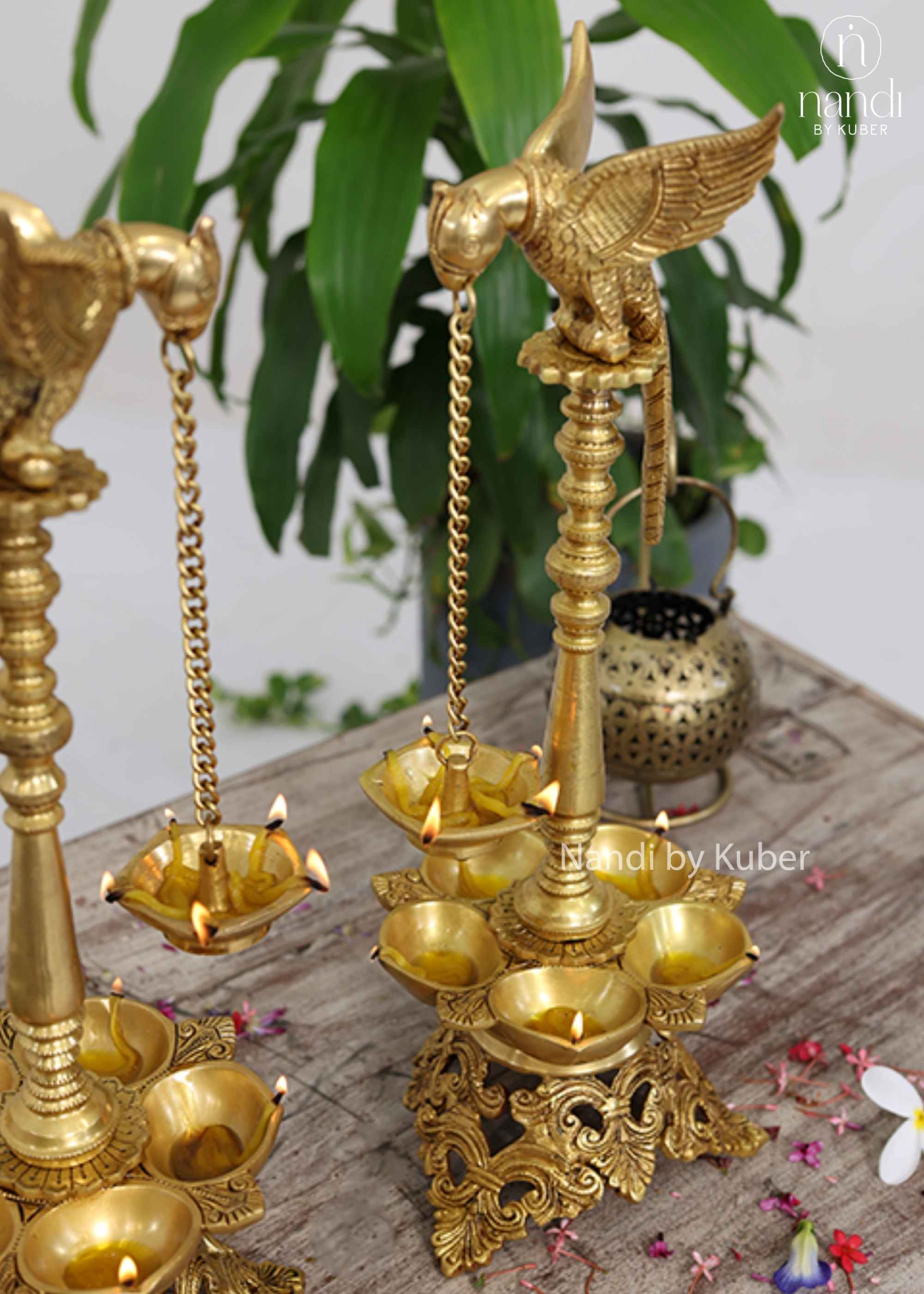 Brass Parrot Lamp With 5 Diya - front view