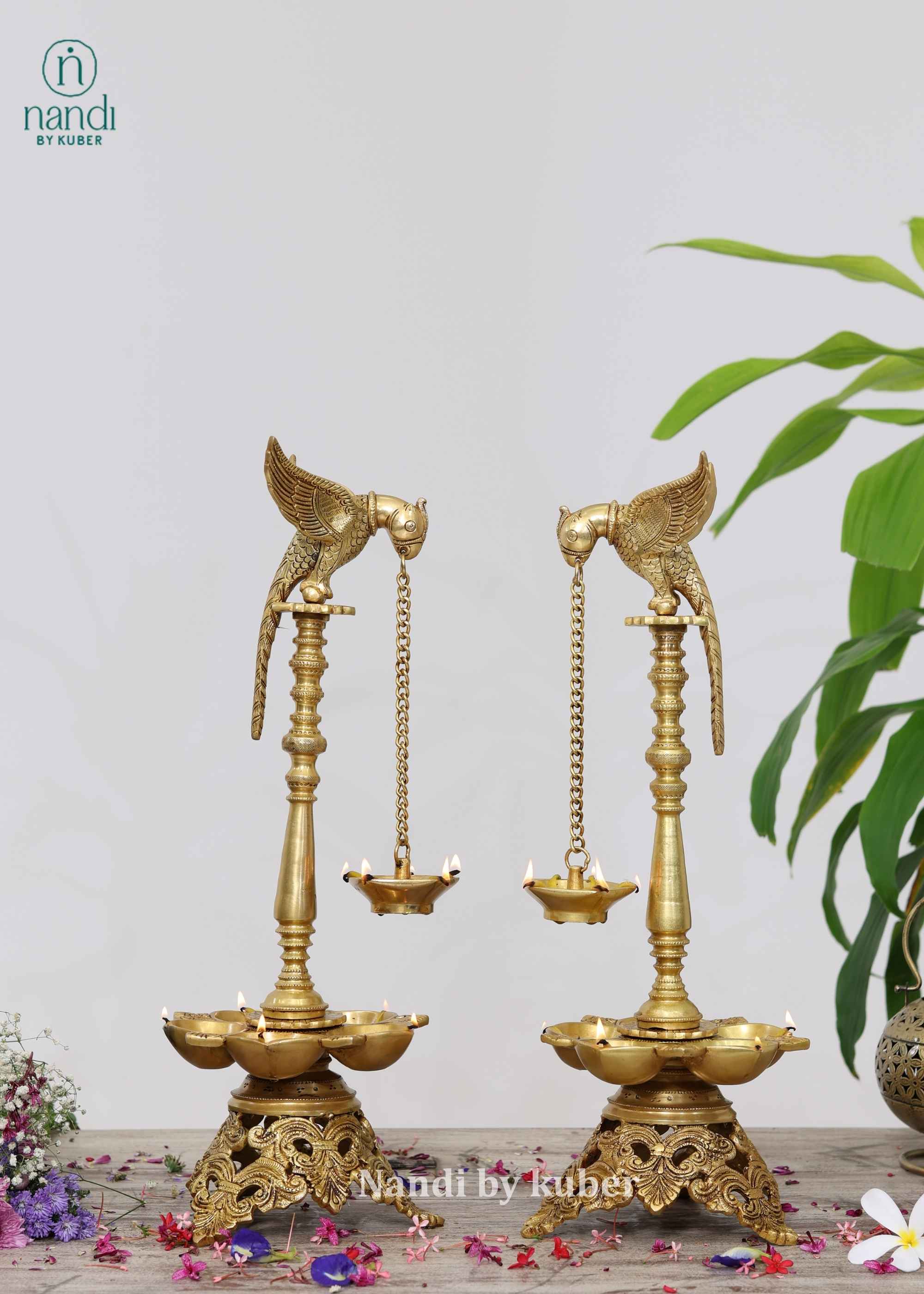 Brass Parrot Lamp With 5 Diya - side view