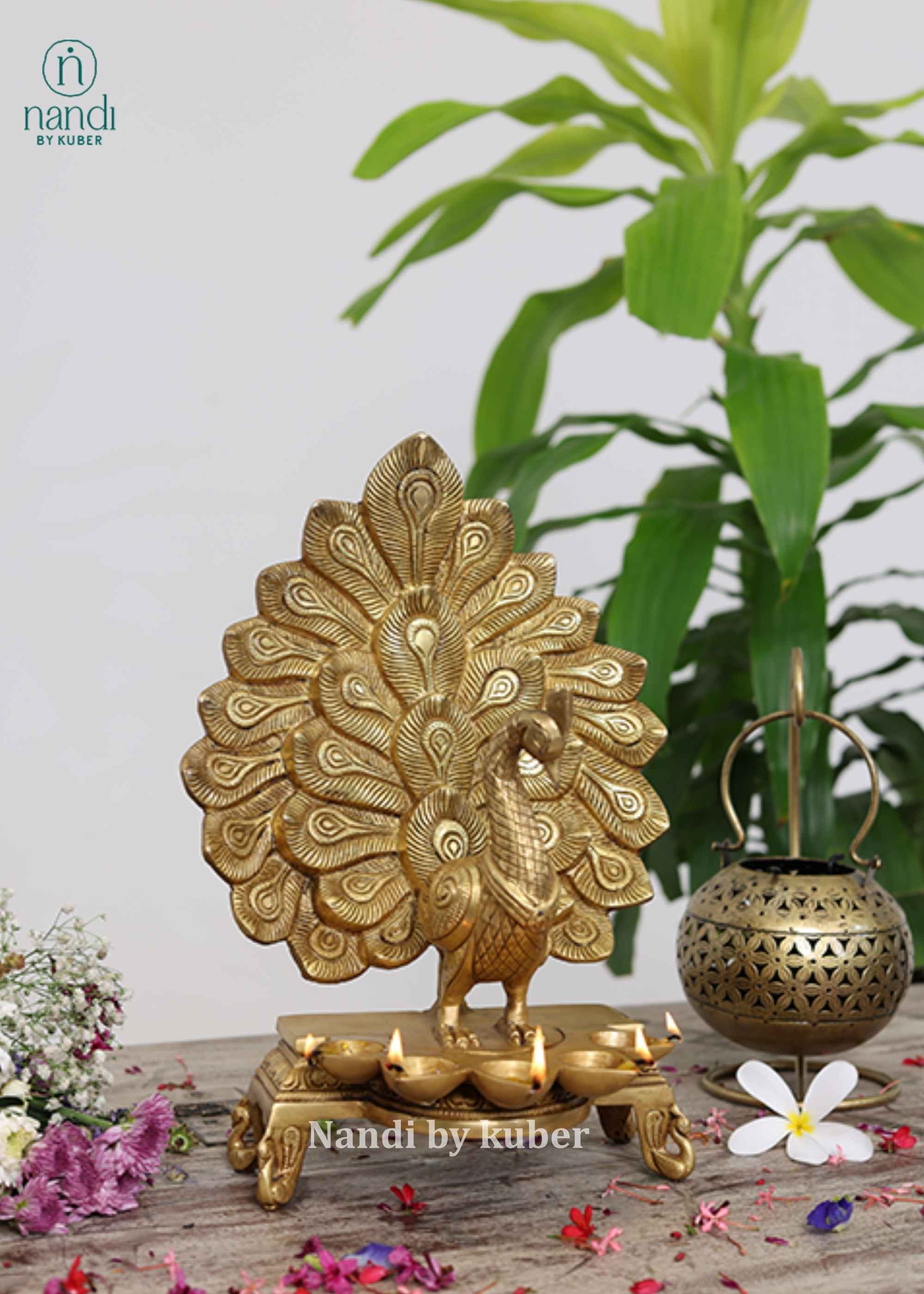 Brass Peacock Diya Bell - front view