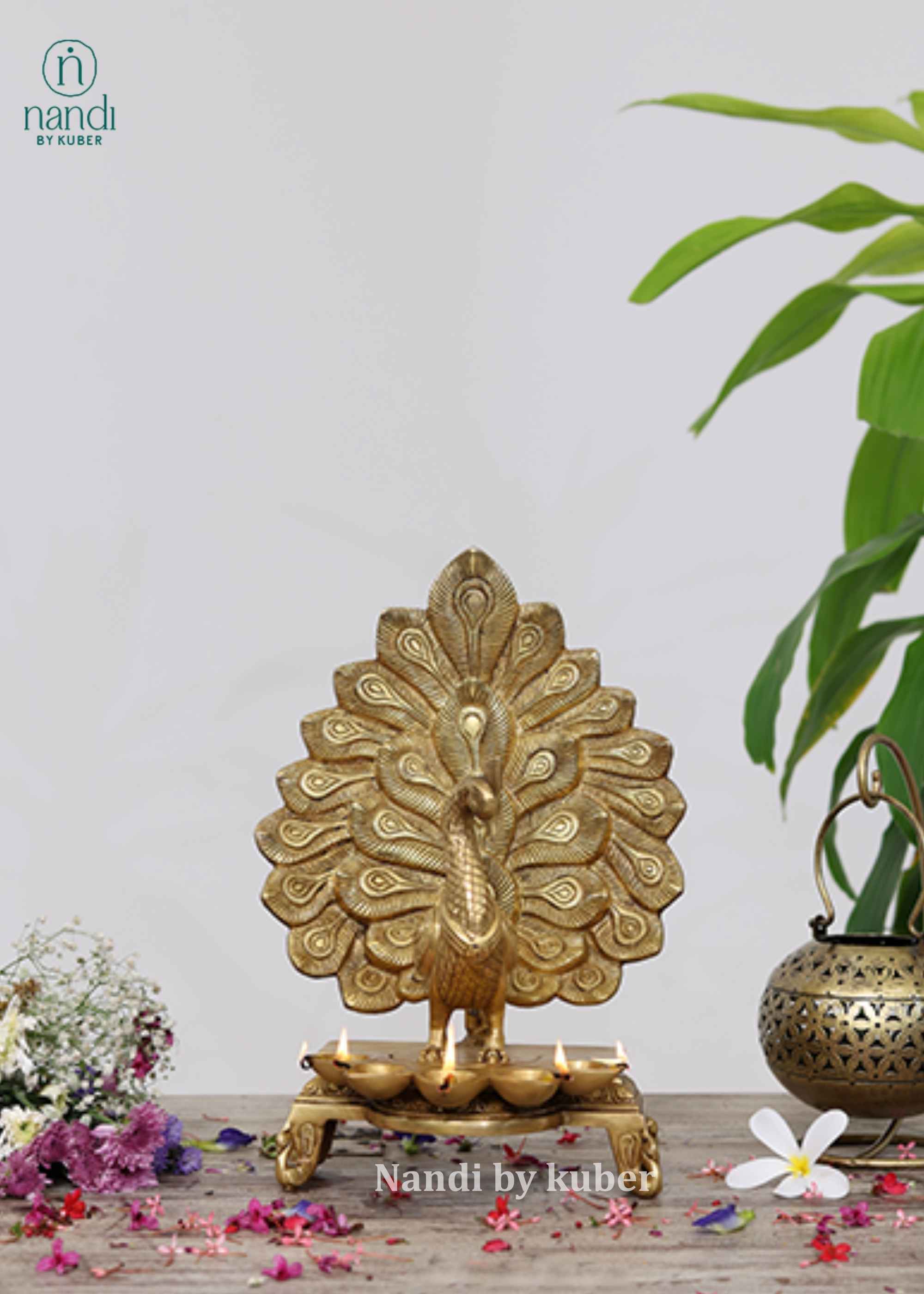 Brass Peacock Diya Bell - detail view