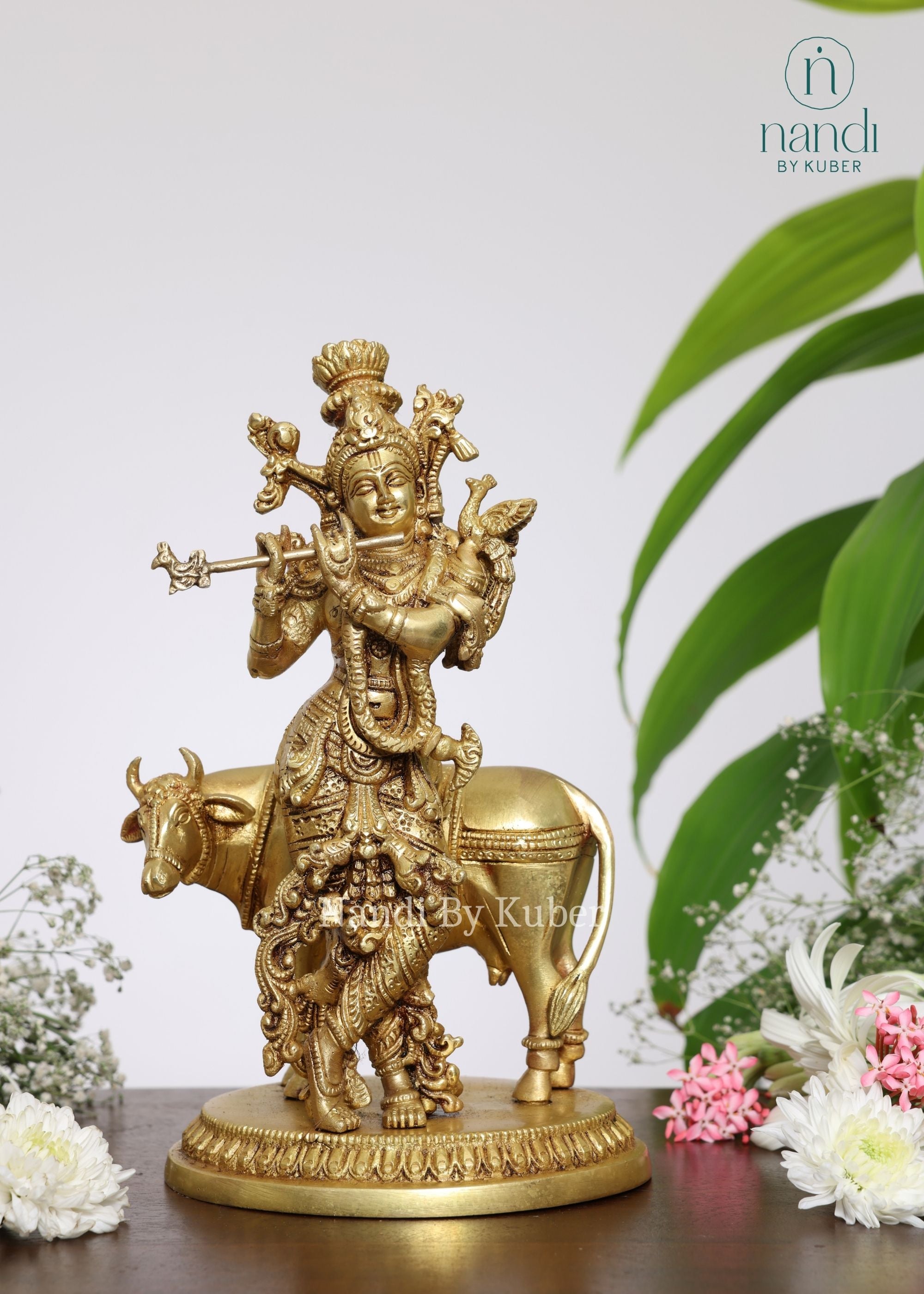 Brass Krishna Cow - side view