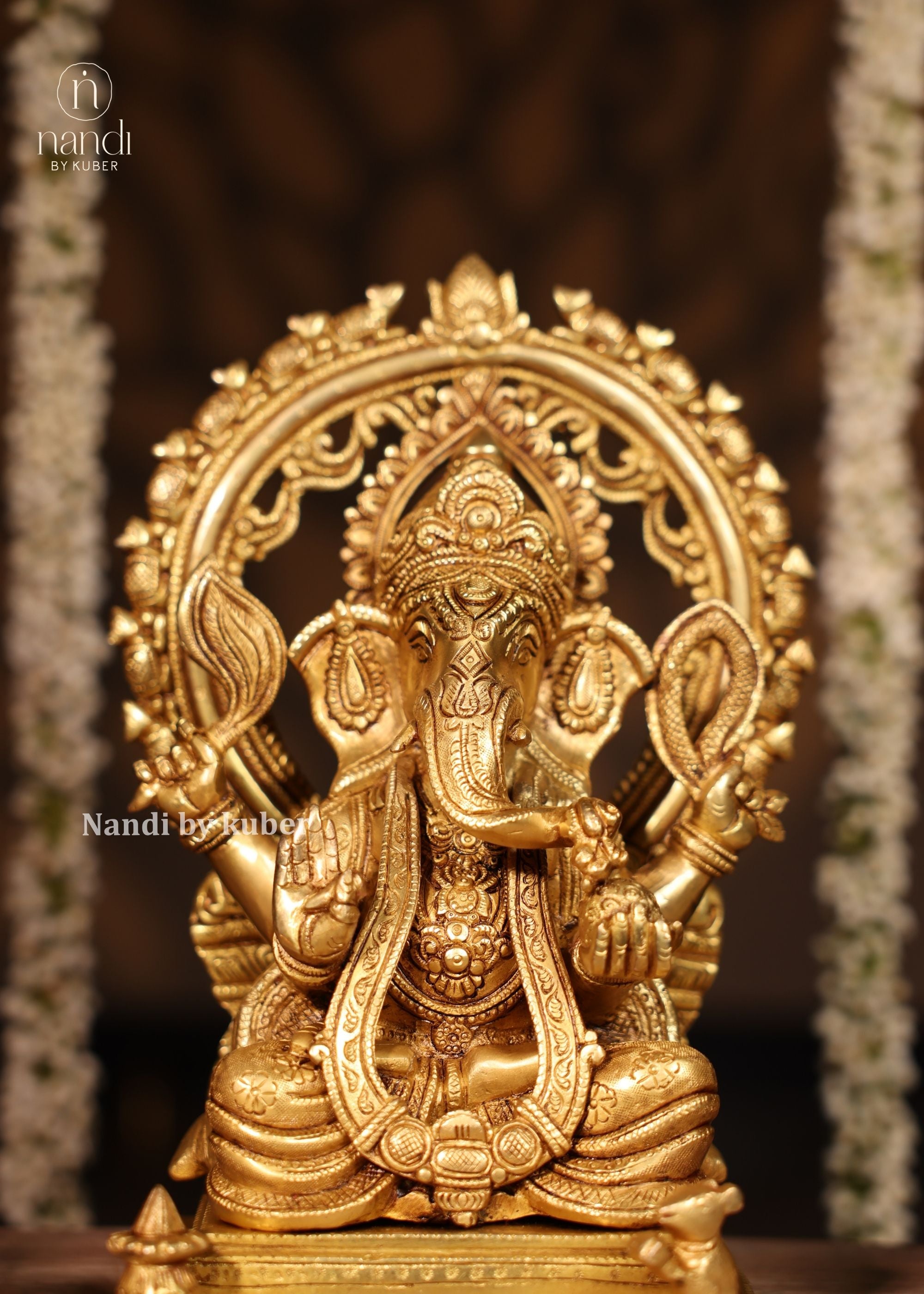 Brass Ganesha Sitting With Rat Arch - front view