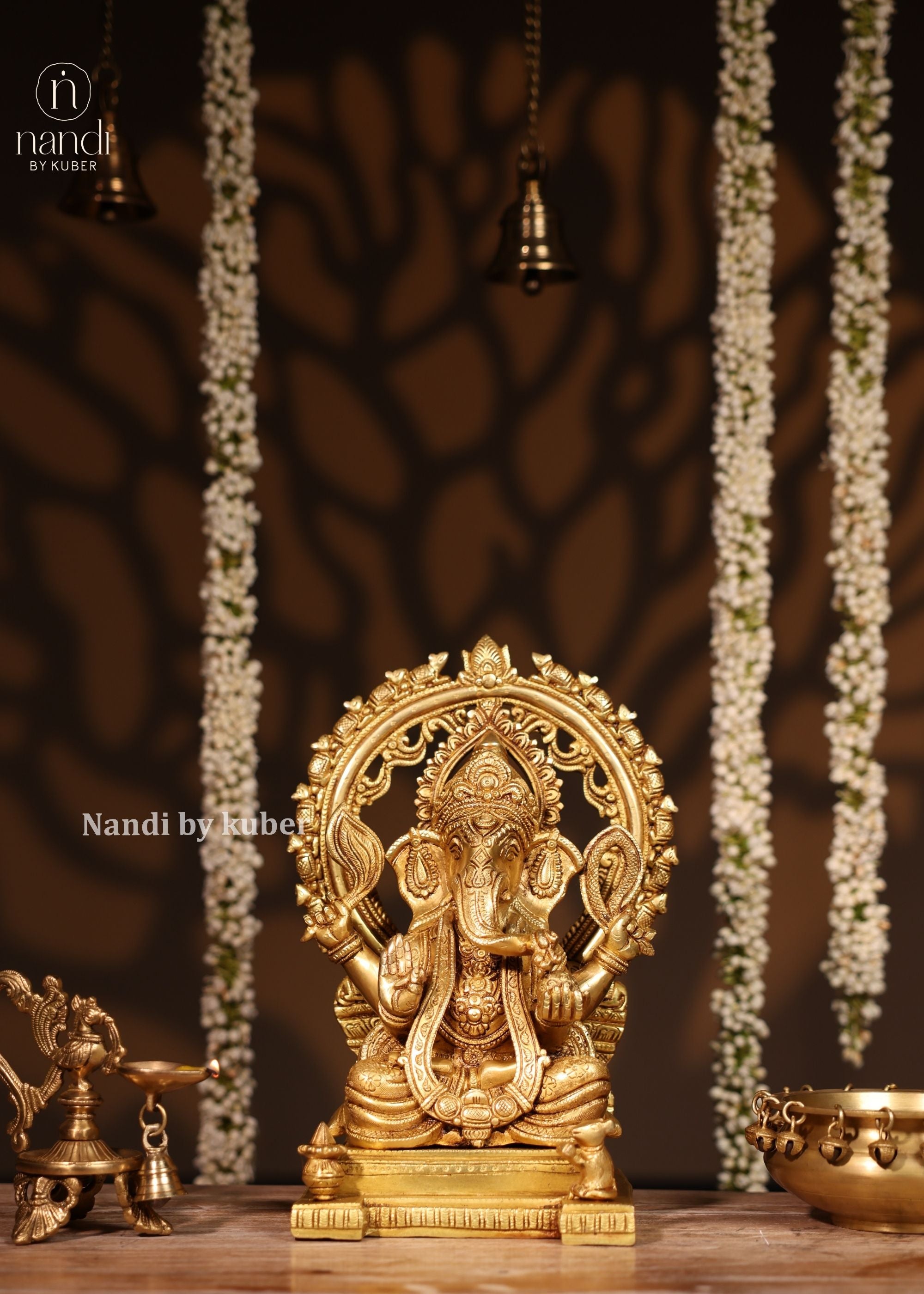 Brass Ganesha Sitting With Rat Arch - side view